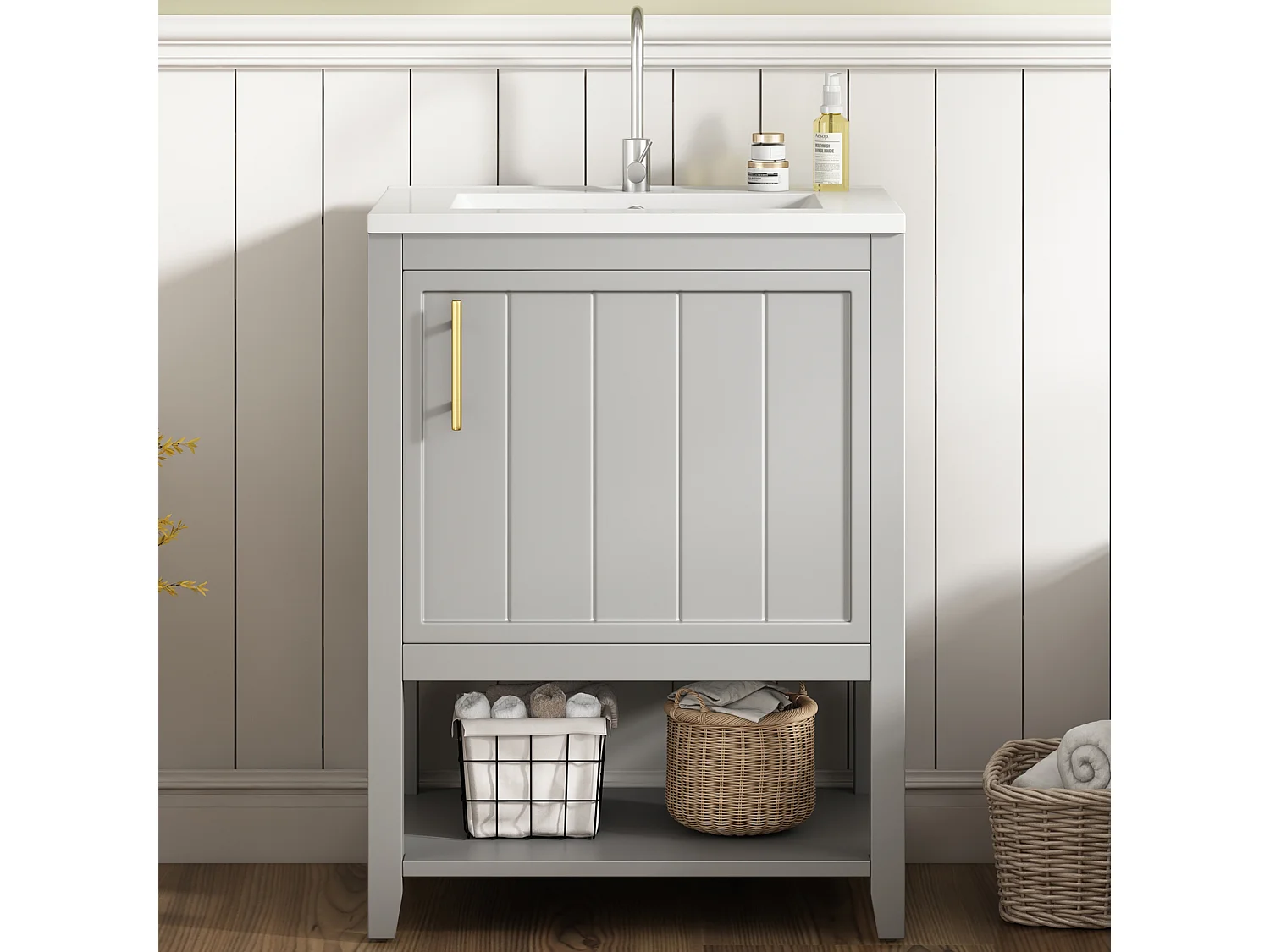 Badezimmerschrank mit Einzelwaschbecken - 1 offenes Regal und 1 Tür - 61 x 47 x 87 cm - MDF-Holz - Hellgrau