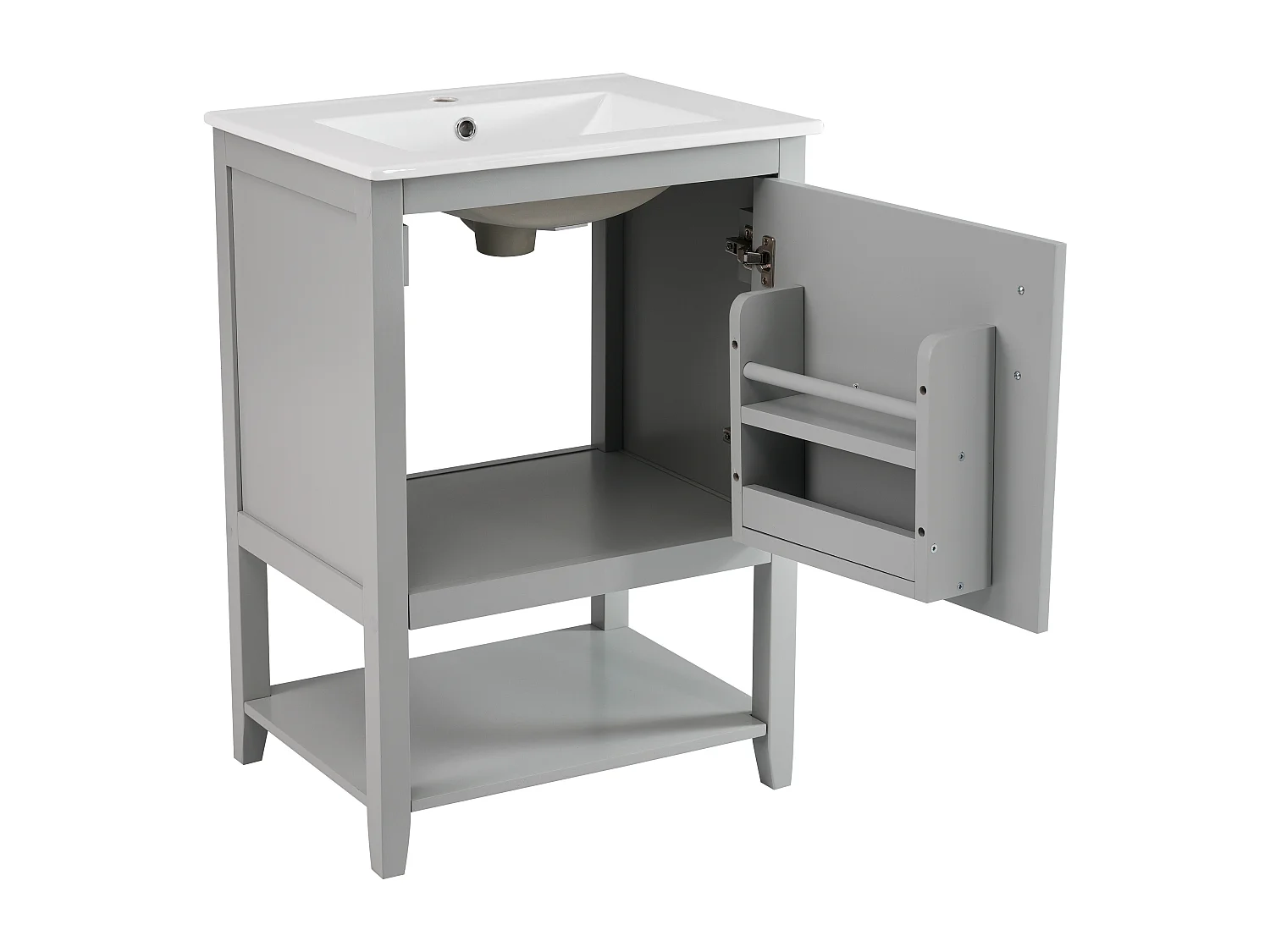 Badezimmerschrank mit Einzelwaschbecken - 1 offenes Regal und 1 Tür - 61 x 47 x 87 cm - MDF-Holz - Hellgrau