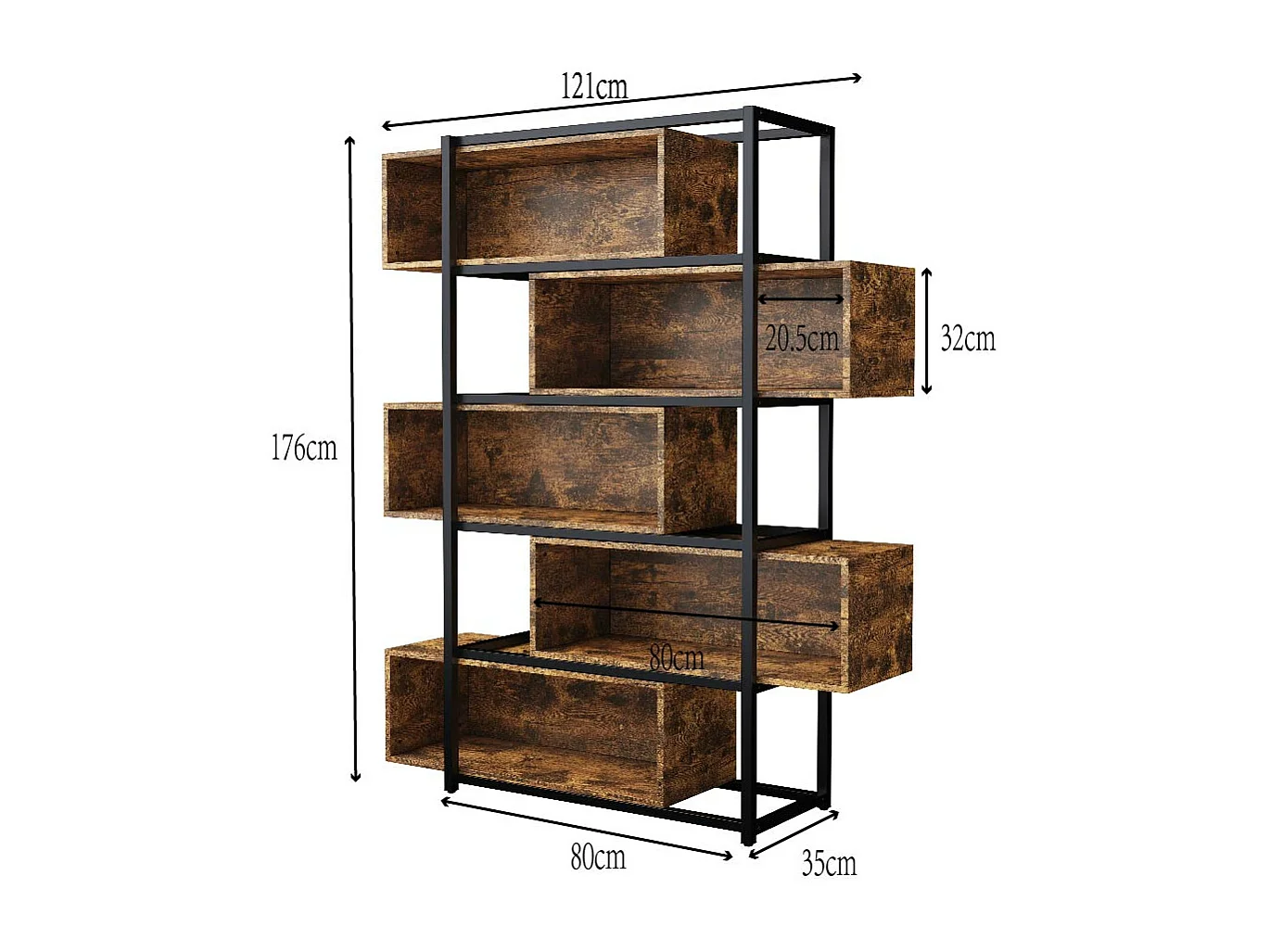 Regał biblioteczny 5-poziomowy z półkami - 121 x 35 x 176 cm - drewno MDF i rura stalowa - Brązowy