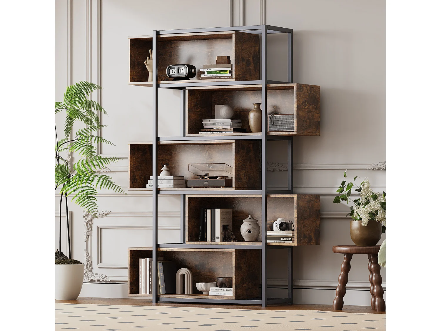 Regał biblioteczny 5-poziomowy z półkami - 121 x 35 x 176 cm - drewno MDF i rura stalowa - Brązowy