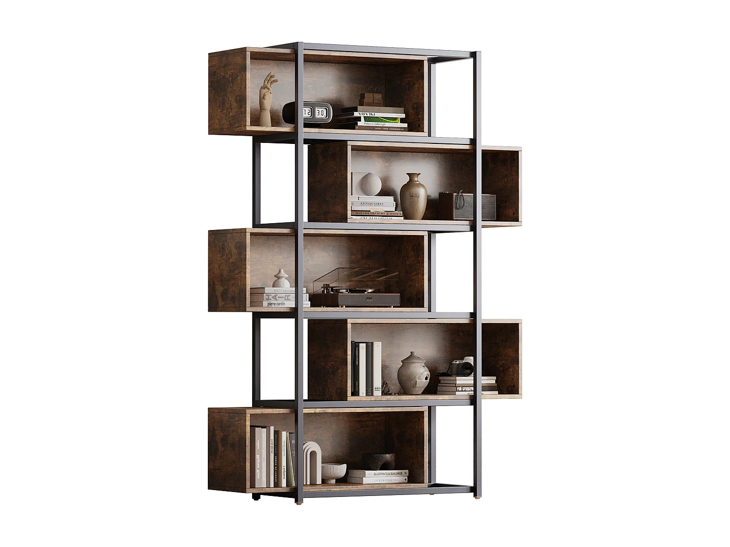 Regał biblioteczny 5-poziomowy z półkami - 121 x 35 x 176 cm - drewno MDF i rura stalowa - Brązowy