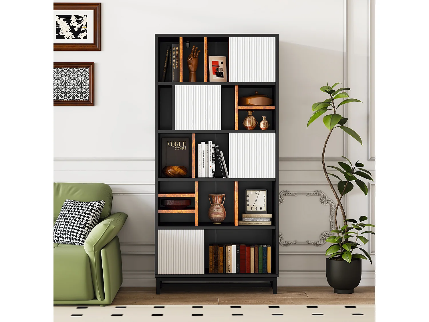 Bibliothèque avec 4 portes et 5 étagères - 80 x 35 x 165 cm - Bois MDF - Noir et blanc