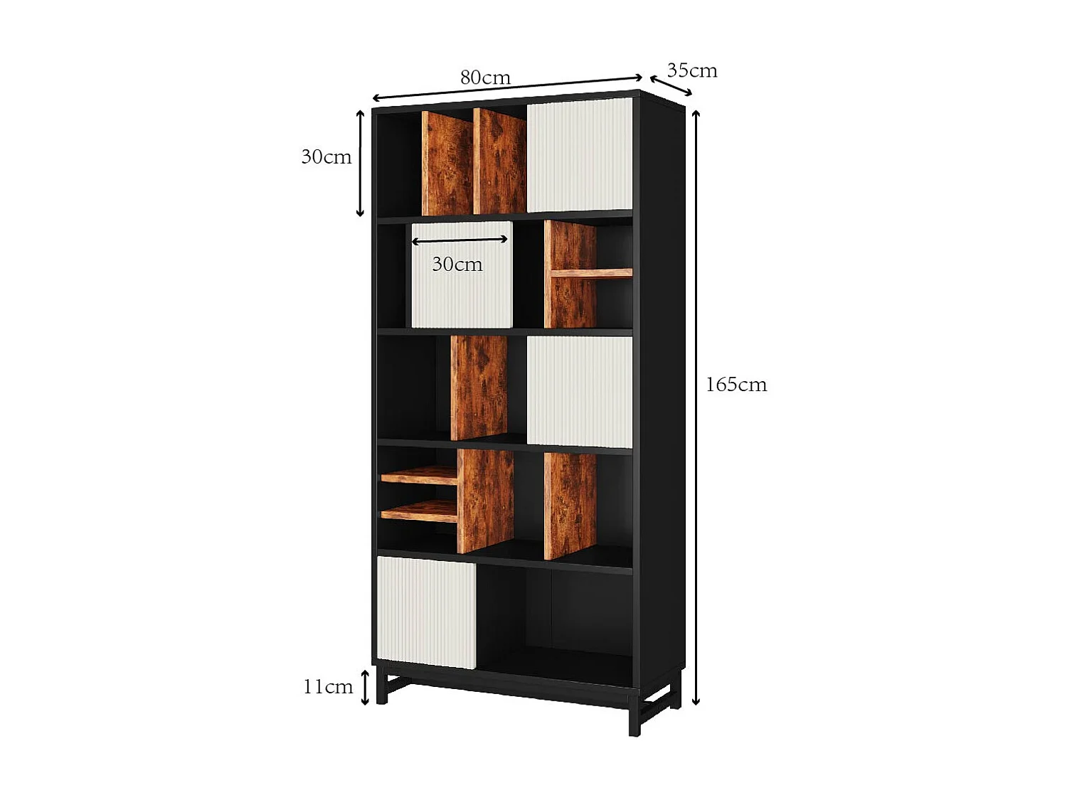 Bibliothèque avec 4 portes et 5 étagères - 80 x 35 x 165 cm - Bois MDF - Noir et blanc