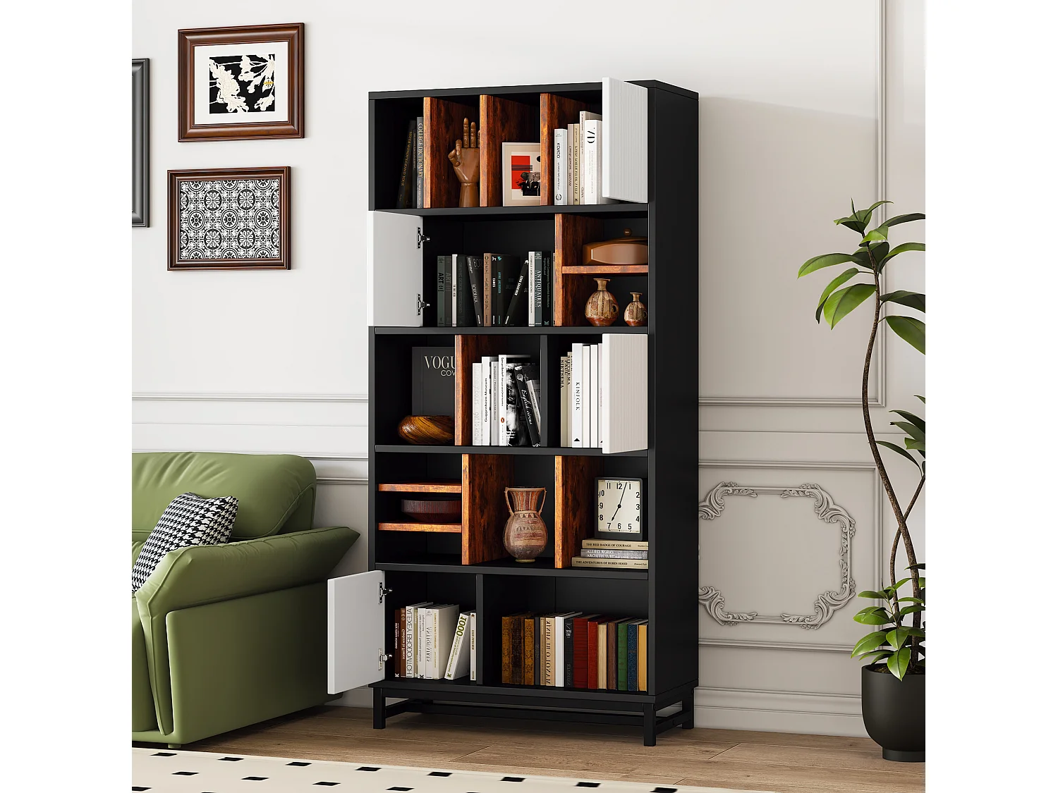 Bibliothèque avec 4 portes et 5 étagères - 80 x 35 x 165 cm - Bois MDF - Noir et blanc