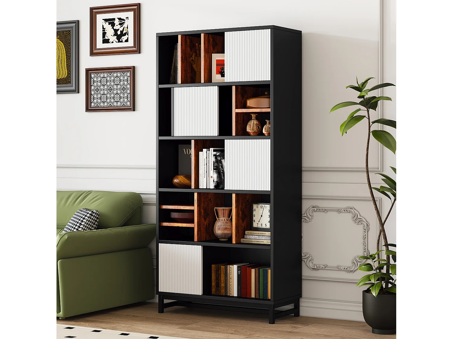Bibliothèque avec 4 portes et 5 étagères - 80 x 35 x 165 cm - Bois MDF - Noir et blanc