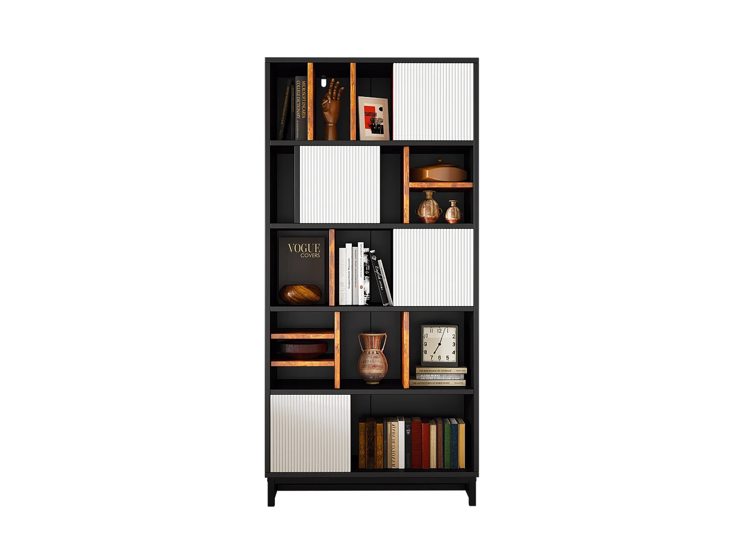 Bibliothèque avec 4 portes et 5 étagères - 80 x 35 x 165 cm - Bois MDF - Noir et blanc