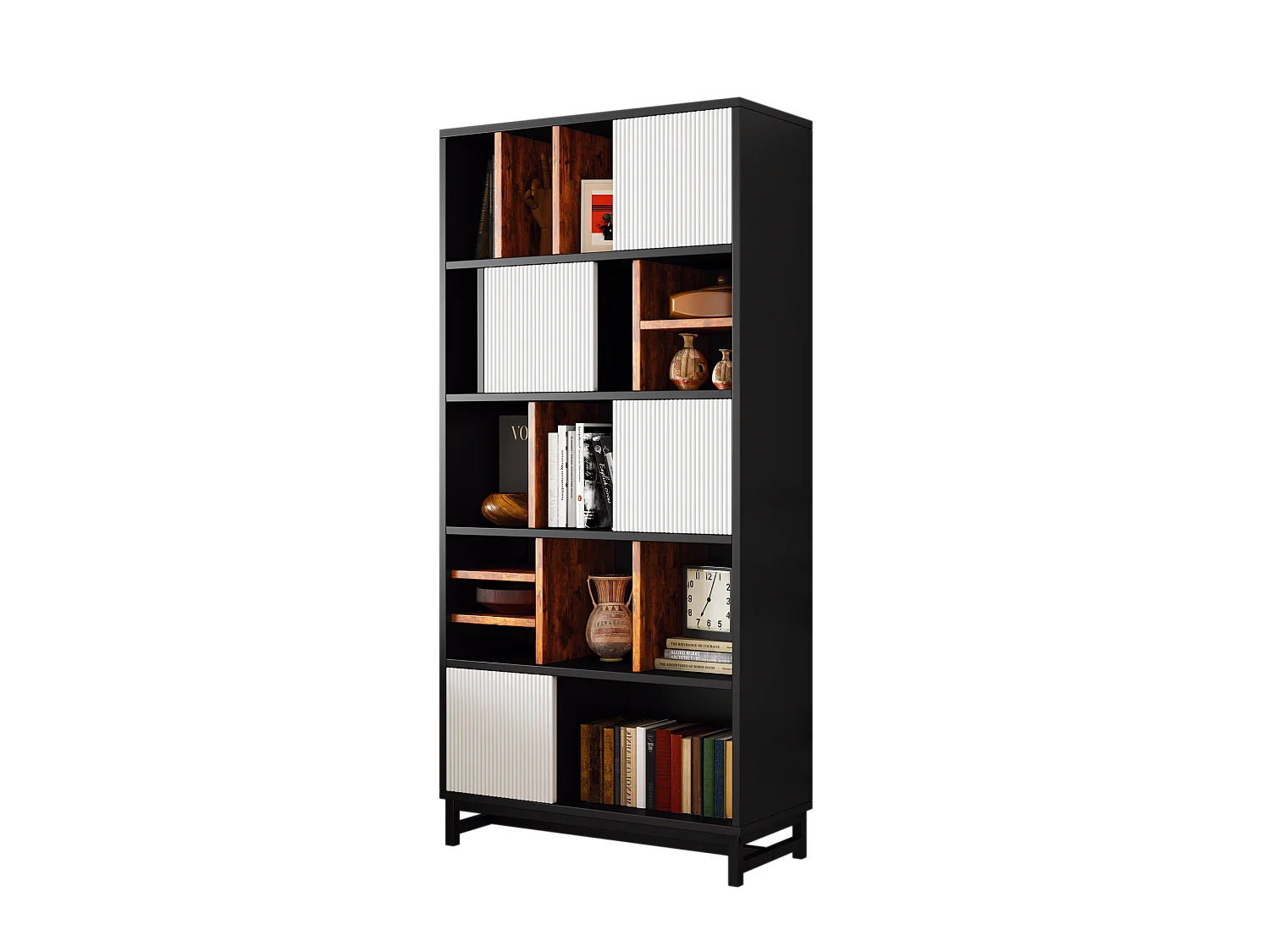 Bibliothèque avec 4 portes et 5 étagères - 80 x 35 x 165 cm - Bois MDF - Noir et blanc