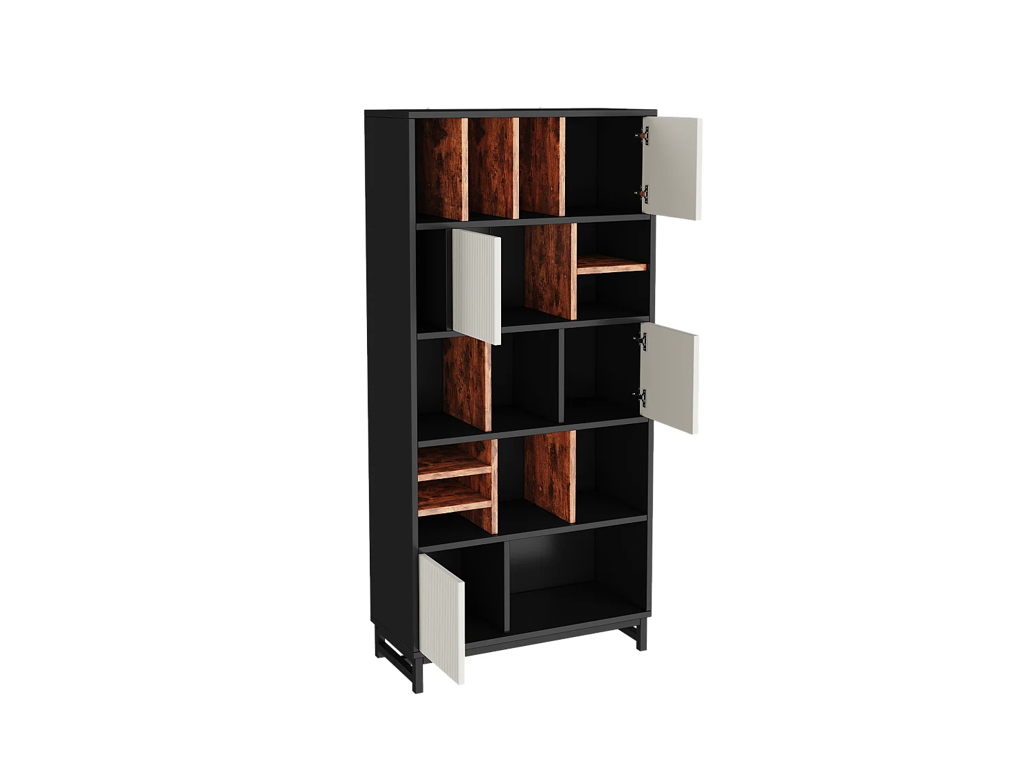 Bibliothèque avec 4 portes et 5 étagères - 80 x 35 x 165 cm - Bois MDF - Noir et blanc