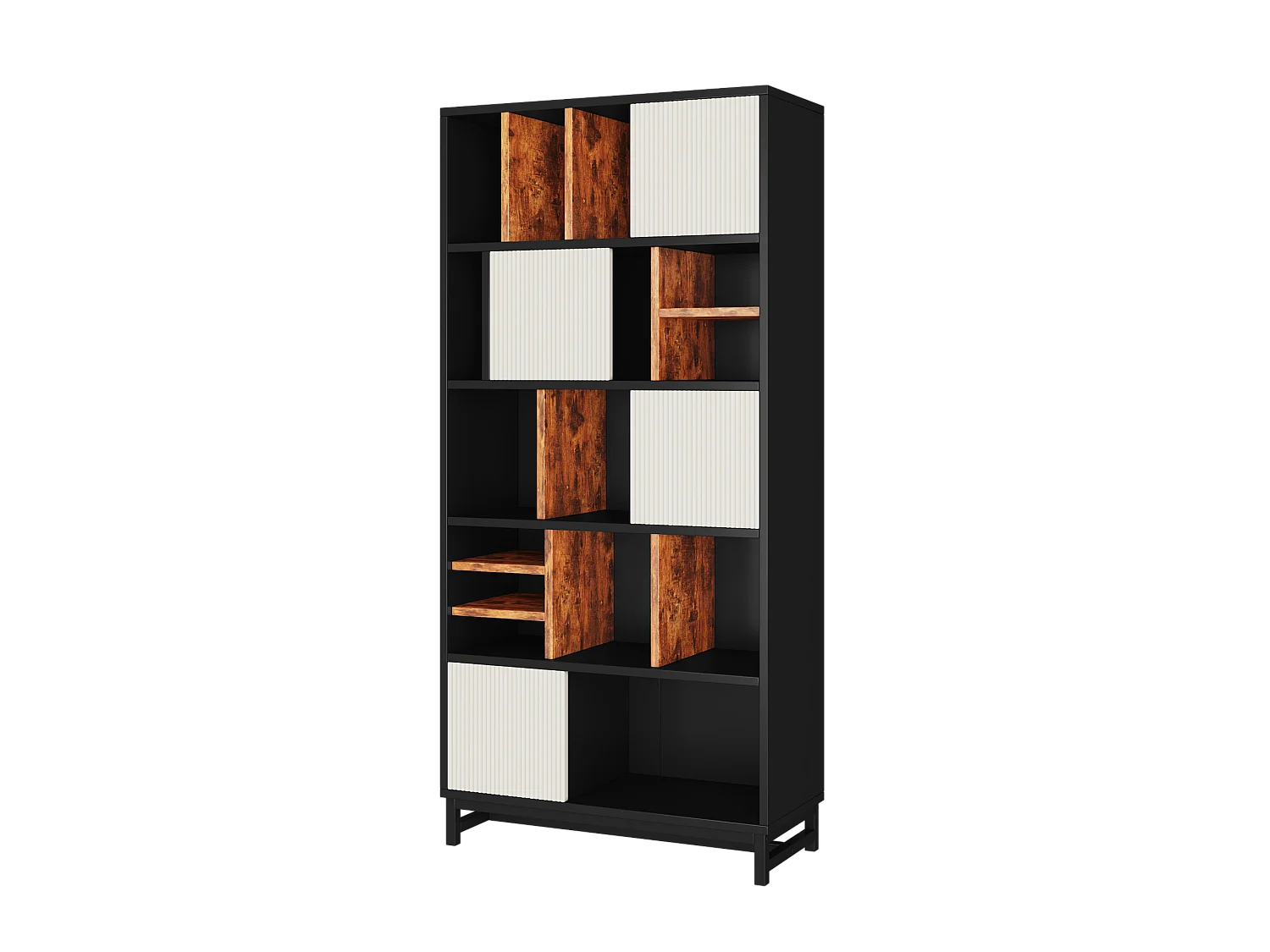 Bibliothèque avec 4 portes et 5 étagères - 80 x 35 x 165 cm - Bois MDF - Noir et blanc