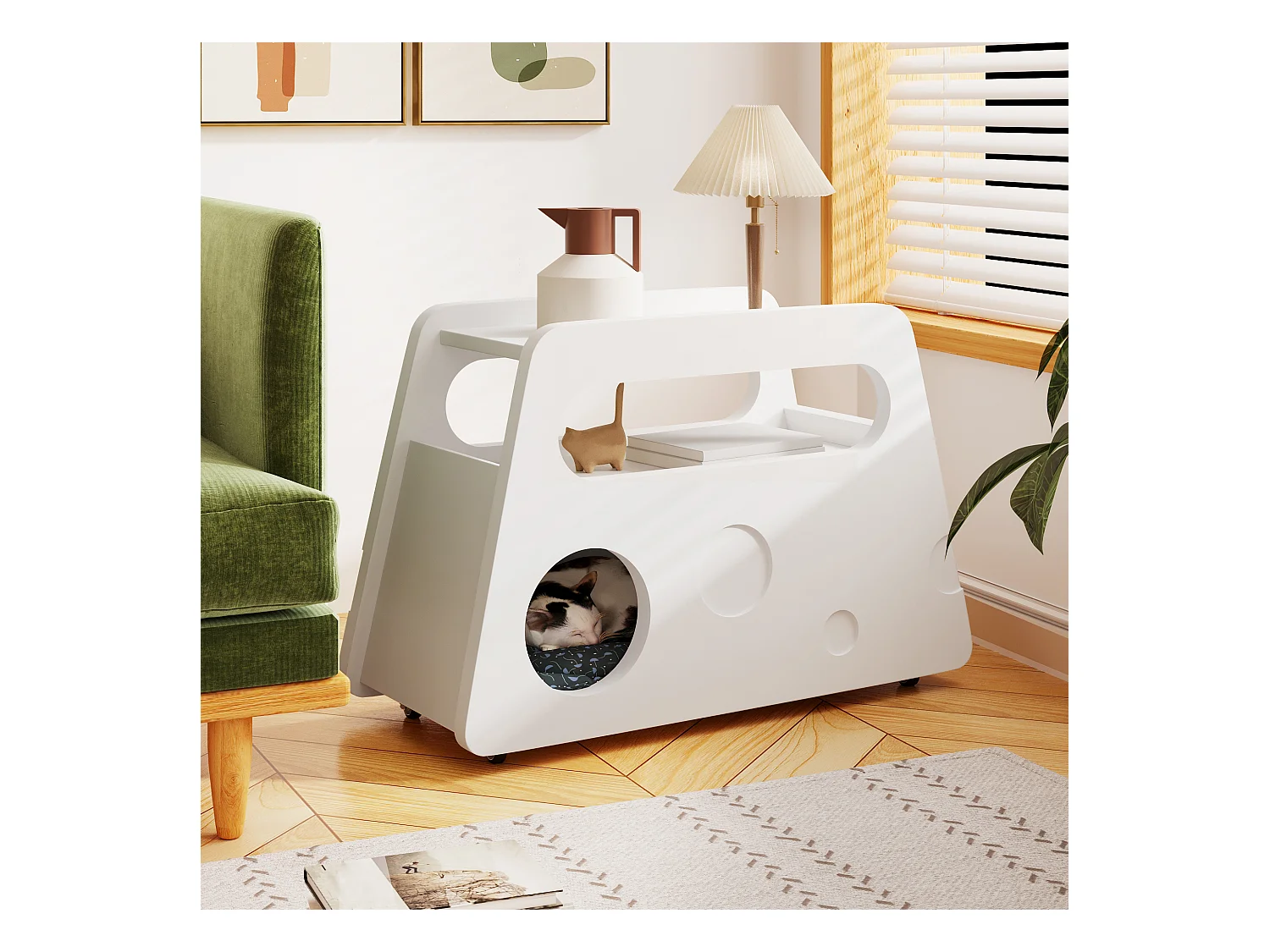 Table d'appoint mobile avec étagères de rangement, Buffet - 81x33x51,5 cm - MDF - Blanc
