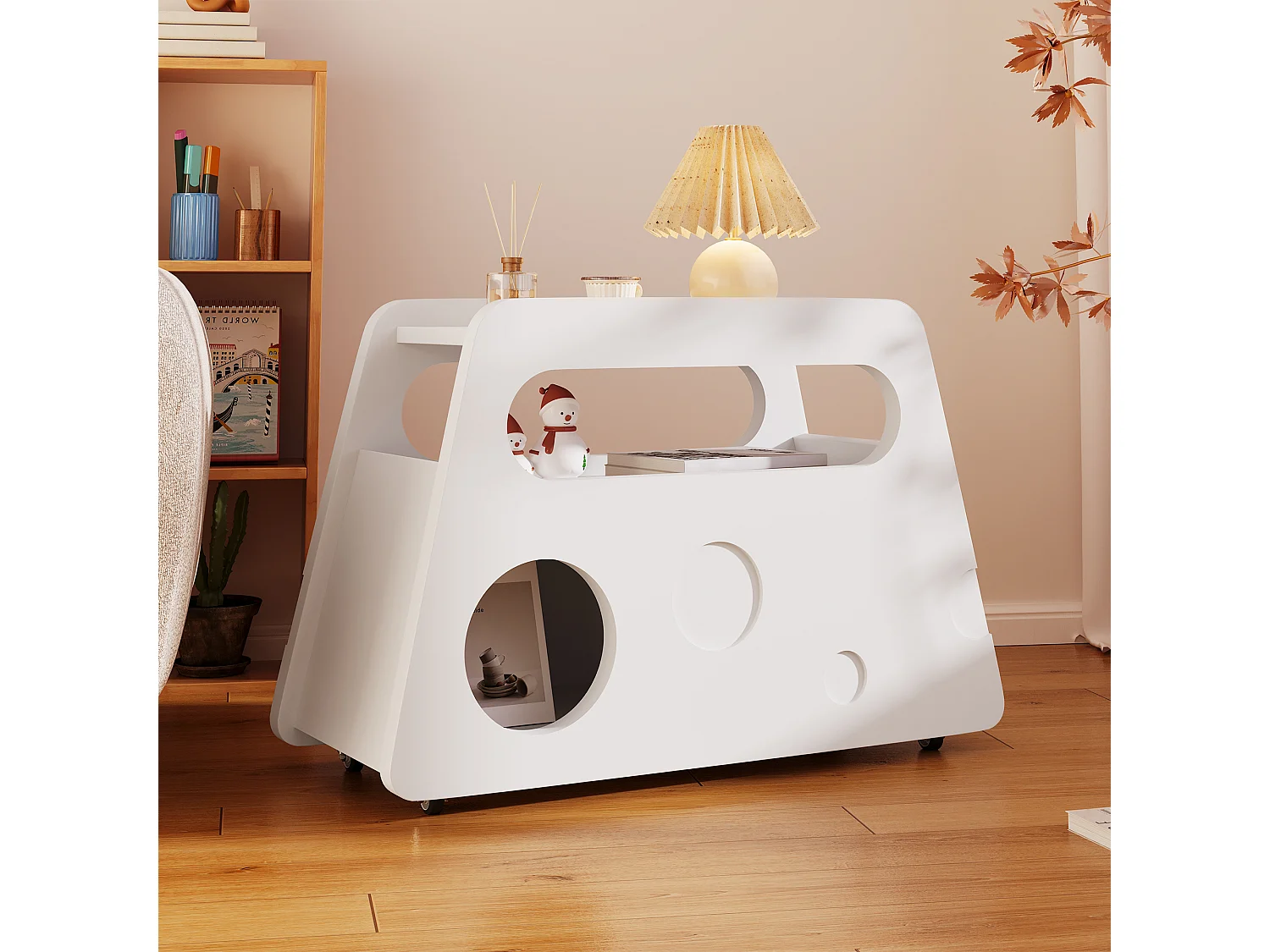 Table d'appoint mobile avec étagères de rangement, Buffet - 81x33x51,5 cm - MDF - Blanc