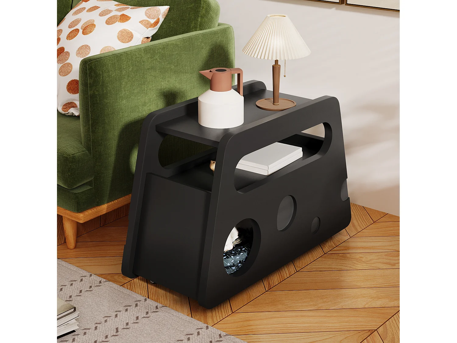 Mobilny stolik boczny z półkami do przechowywania, bufet - 81x33x51,5 cm - MDF - czarny