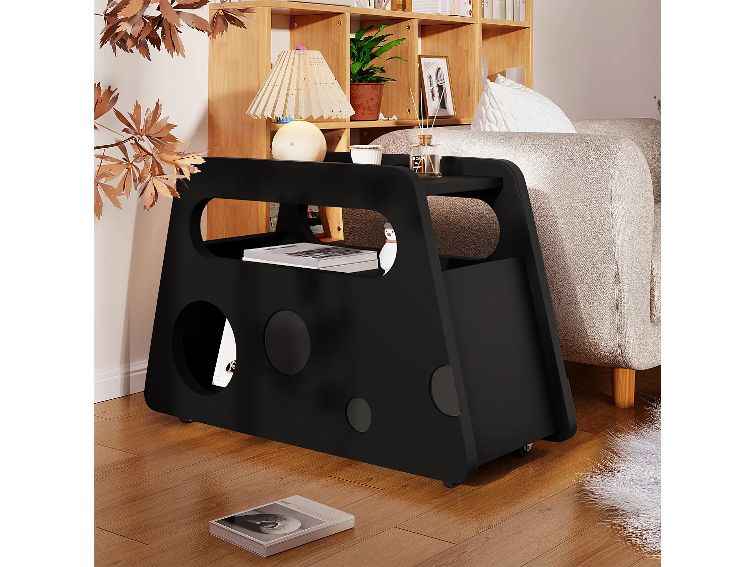 Mobilny stolik boczny z półkami do przechowywania, bufet - 81x33x51,5 cm - MDF - czarny