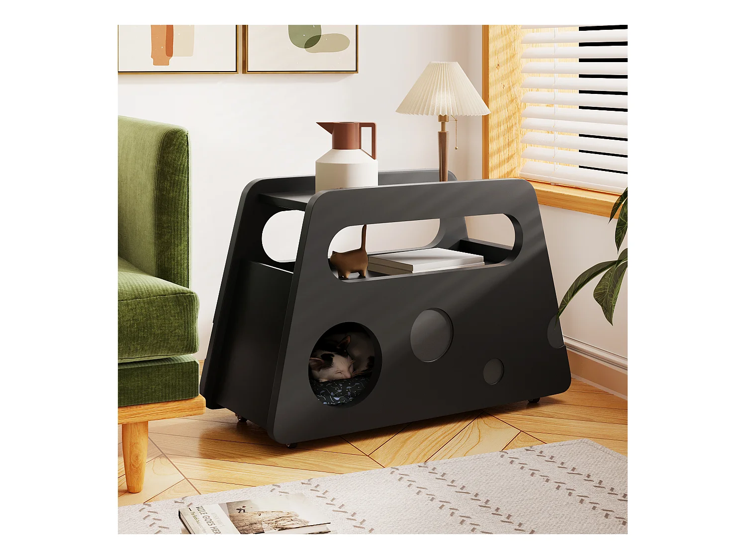 Table d'appoint mobile avec étagères de rangement, Buffet - 81x33x51,5 cm - MDF - Noir