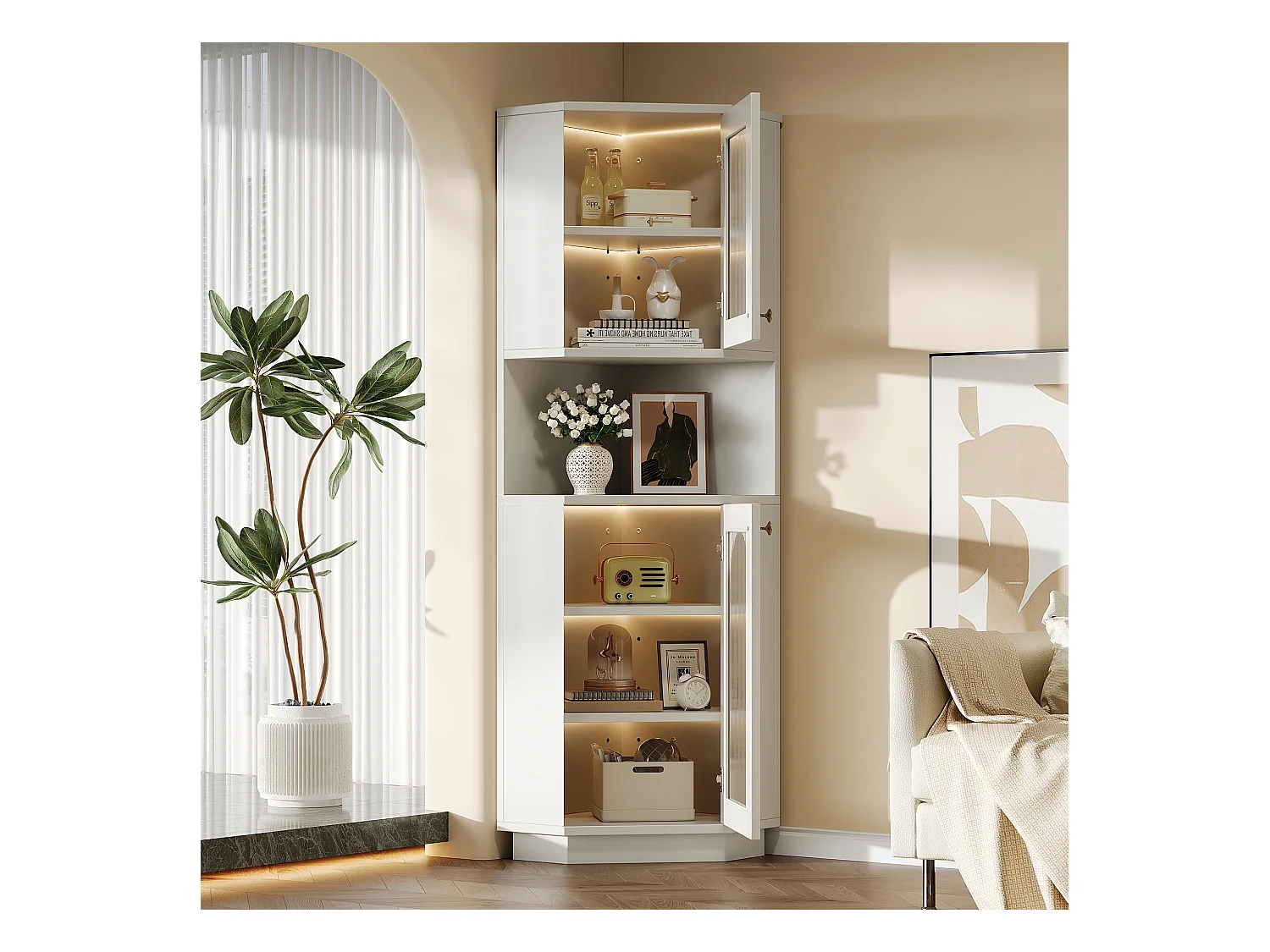 Colonne d'angle de salle de bain - 2 portes et 1 niche de rangement - 45x 45 x 166,5 cm - LEDs - MDF - Blanc