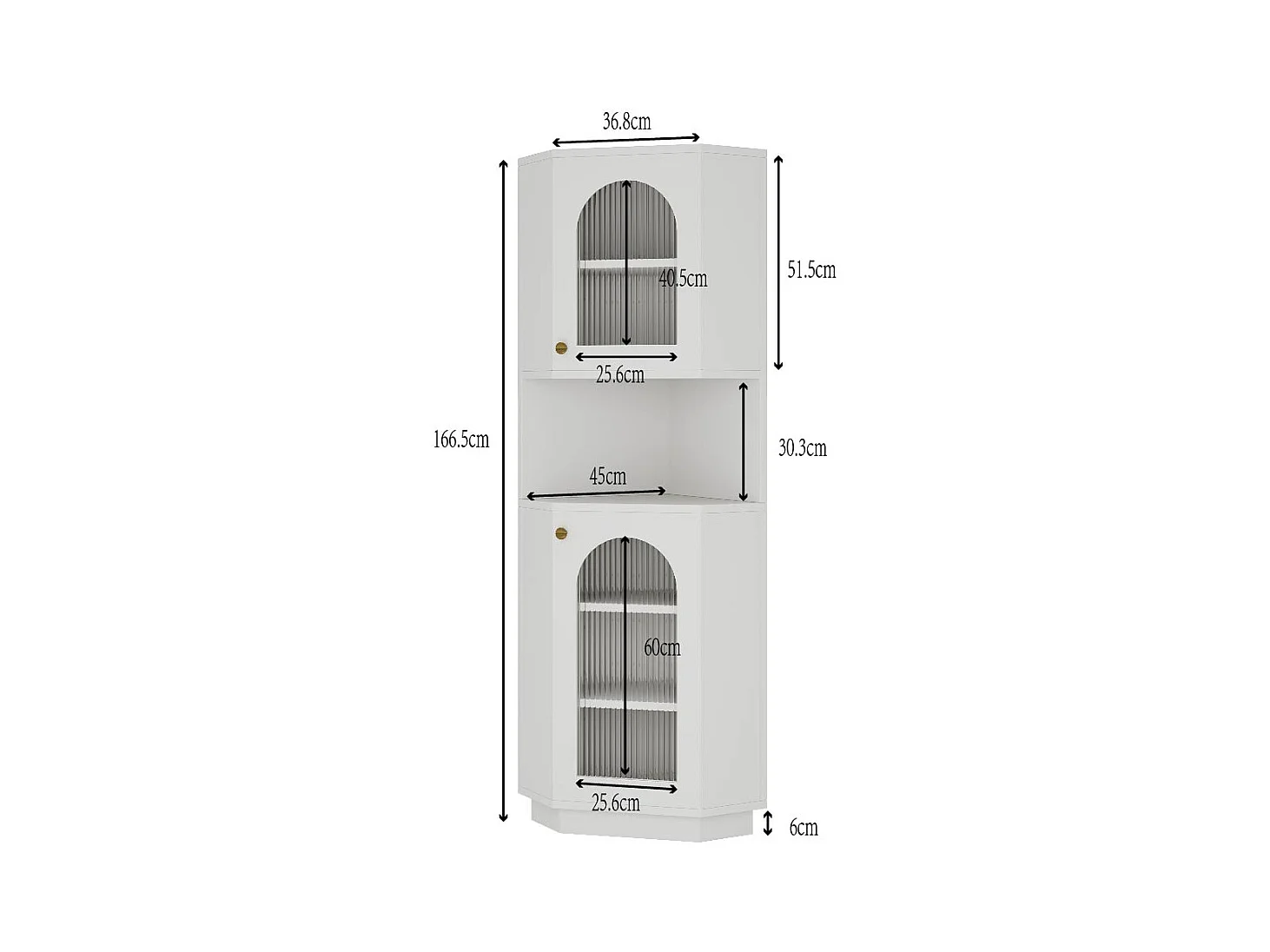 Badezimmer-Ecksäule - 2 Türen und 1 Ablagefach - 45 x 45 x 166,5 cm - LEDs - MDF - Weiß
