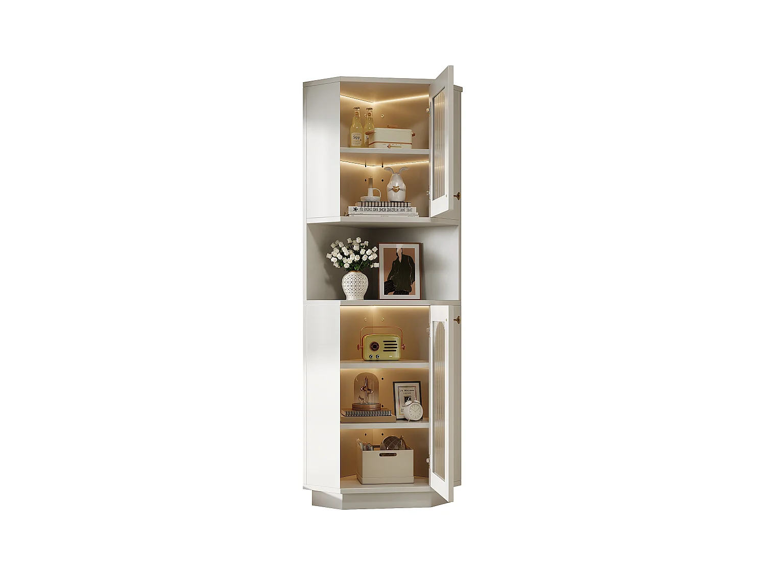 Badezimmer-Ecksäule - 2 Türen und 1 Ablagefach - 45 x 45 x 166,5 cm - LEDs - MDF - Weiß