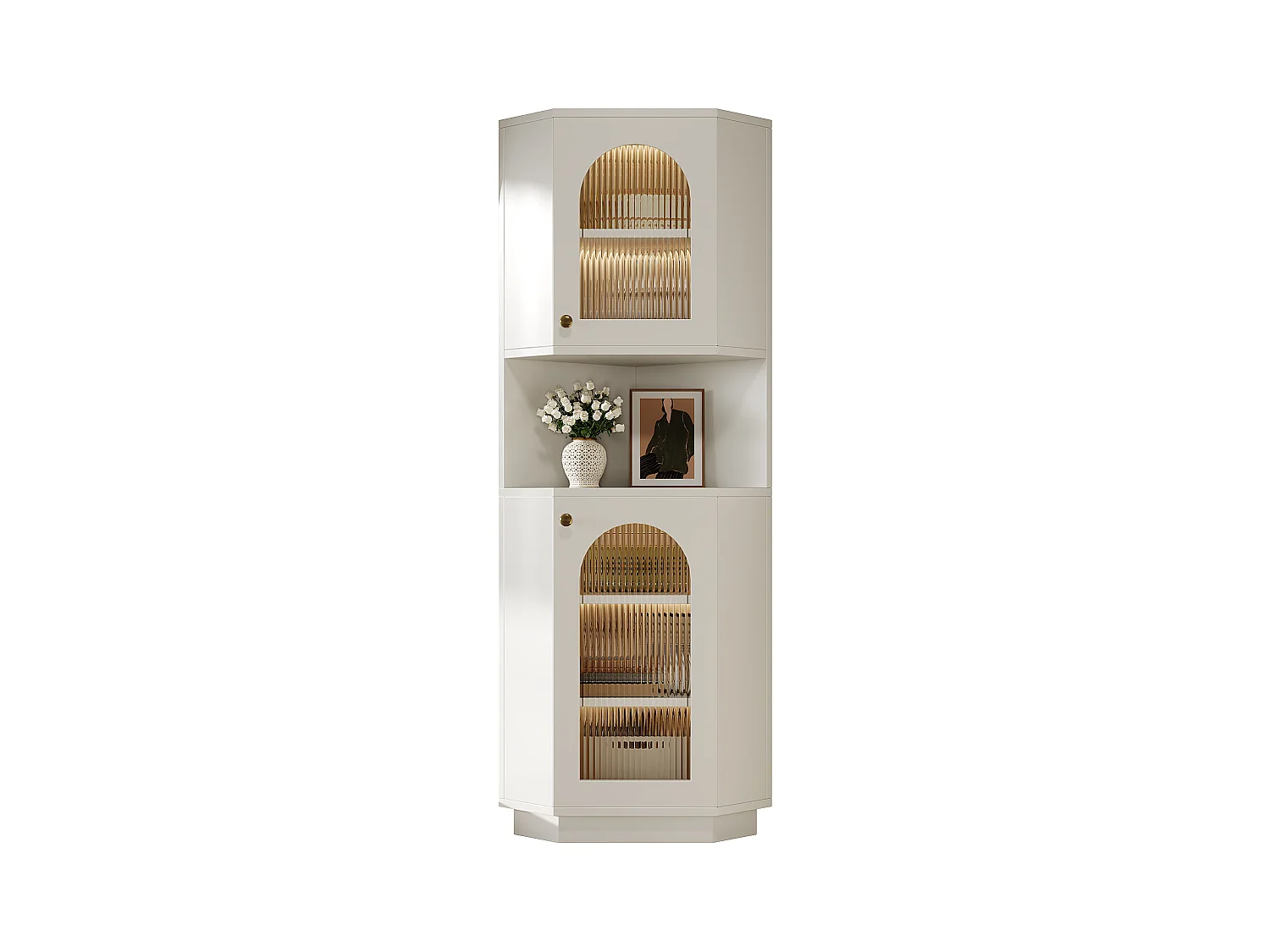 Badezimmer-Ecksäule - 2 Türen und 1 Ablagefach - 45 x 45 x 166,5 cm - LEDs - MDF - Weiß