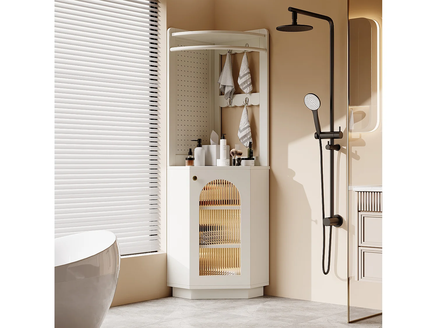 Kolumna narożna łazienkowa - 1 drzwi i wieszaki - 45x 45 x 166,5 cm - diody LED - MDF - biała