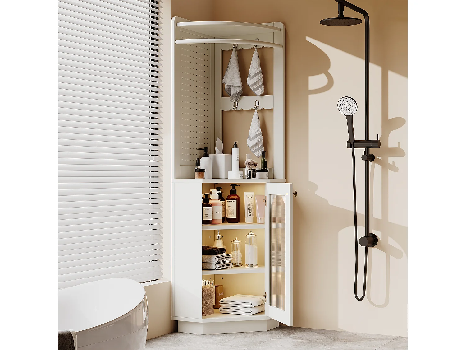 Kolumna narożna łazienkowa - 1 drzwi i wieszaki - 45x 45 x 166,5 cm - diody LED - MDF - biała