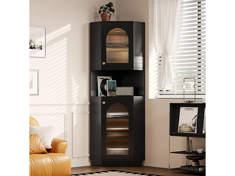 Badezimmer-Ecksäule - 2 Türen und 1 Ablagefach - 45 x 45 x 166,5 cm - LEDs - MDF - Schwarz