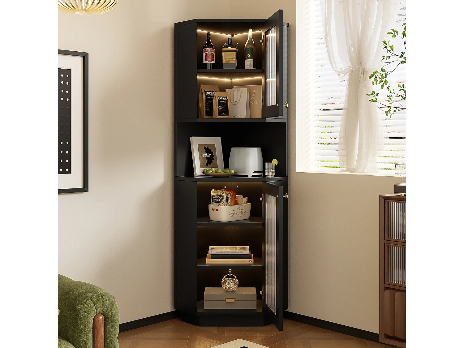 Badezimmer-Ecksäule - 2 Türen und 1 Ablagefach - 45 x 45 x 166,5 cm - LEDs - MDF - Schwarz
