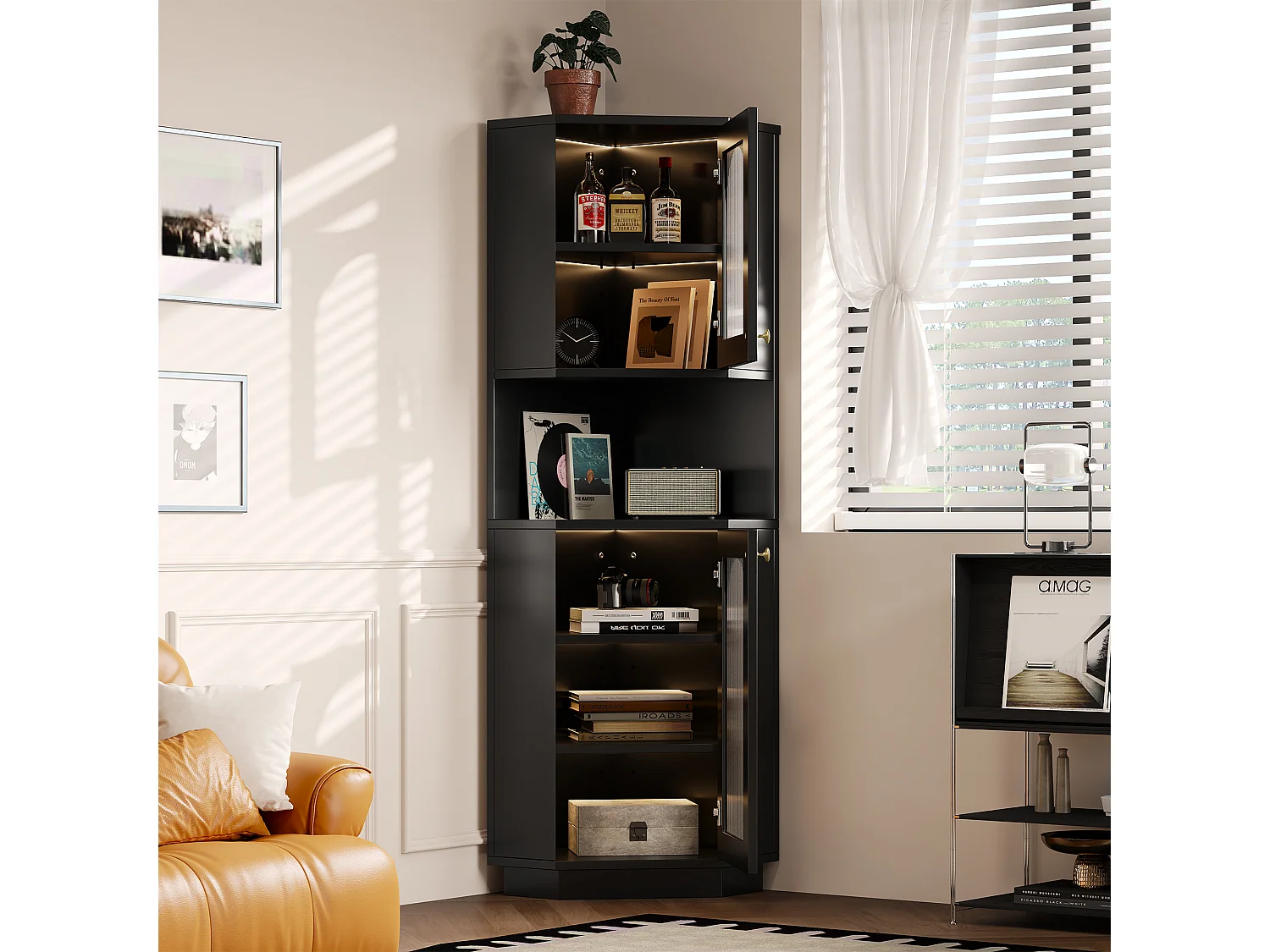 Badezimmer-Ecksäule - 2 Türen und 1 Ablagefach - 45 x 45 x 166,5 cm - LEDs - MDF - Schwarz