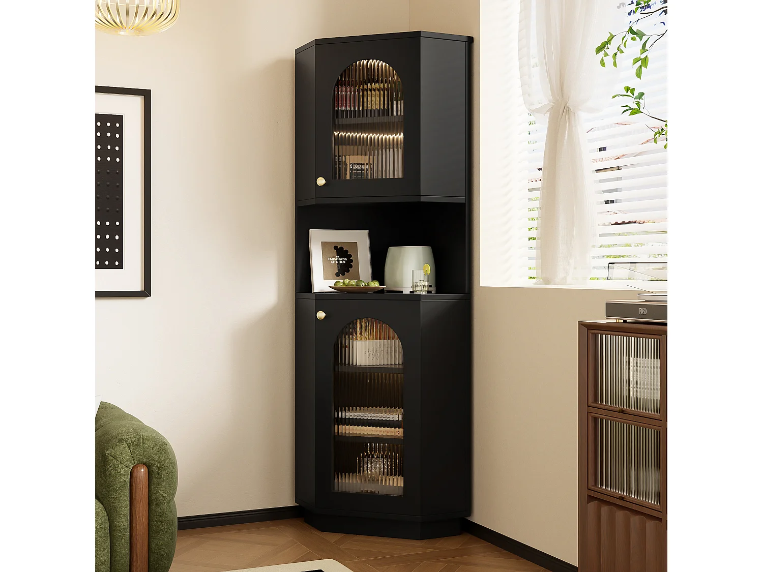 Badezimmer-Ecksäule - 2 Türen und 1 Ablagefach - 45 x 45 x 166,5 cm - LEDs - MDF - Schwarz