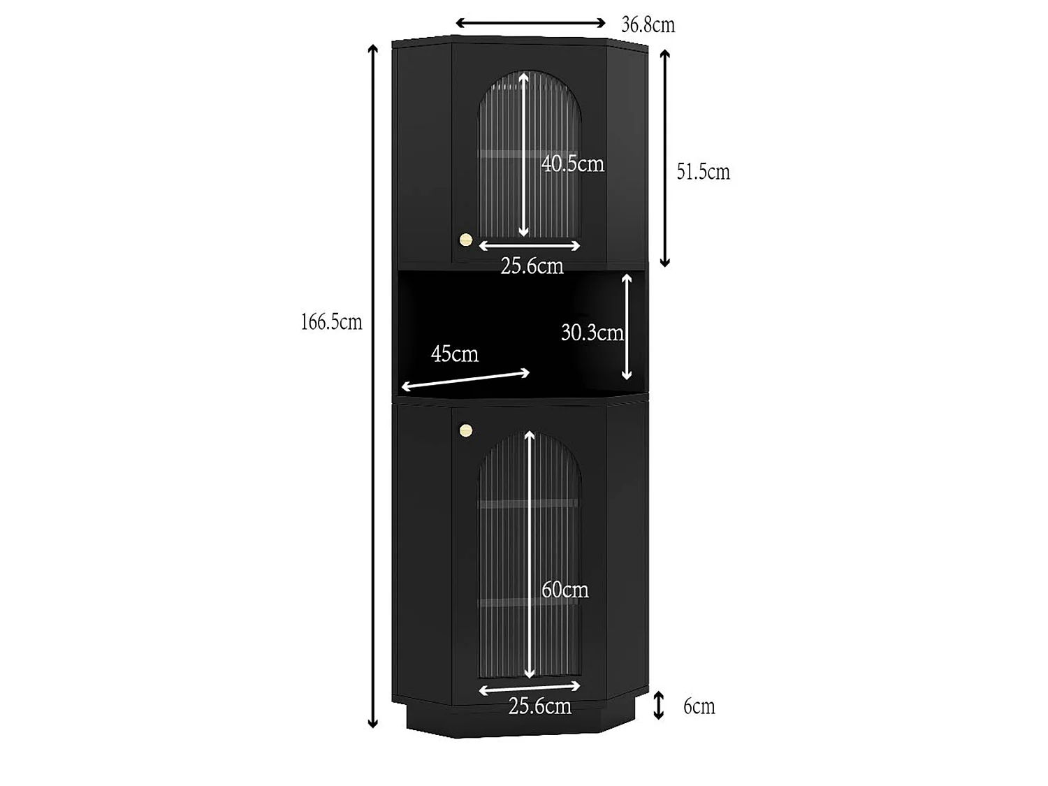 Badezimmer-Ecksäule - 2 Türen und 1 Ablagefach - 45 x 45 x 166,5 cm - LEDs - MDF - Schwarz