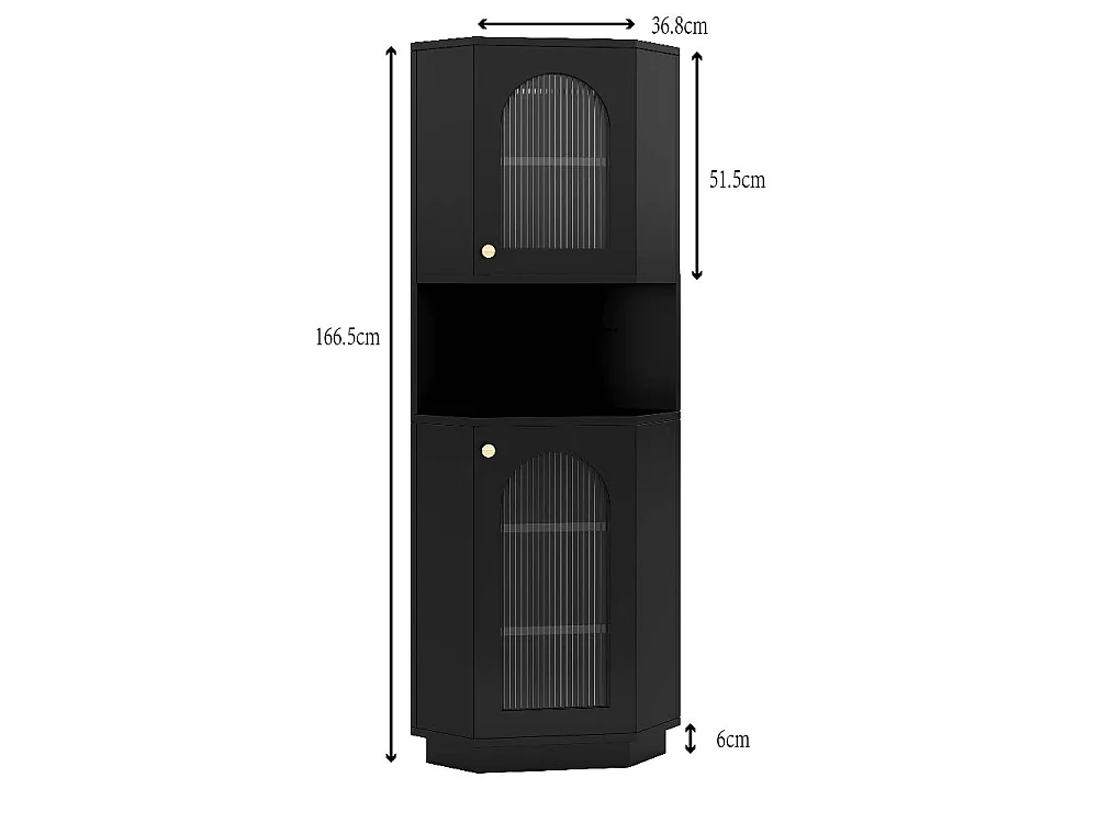 Badezimmer-Ecksäule - 2 Türen und 1 Ablagefach - 45 x 45 x 166,5 cm - LEDs - MDF - Schwarz