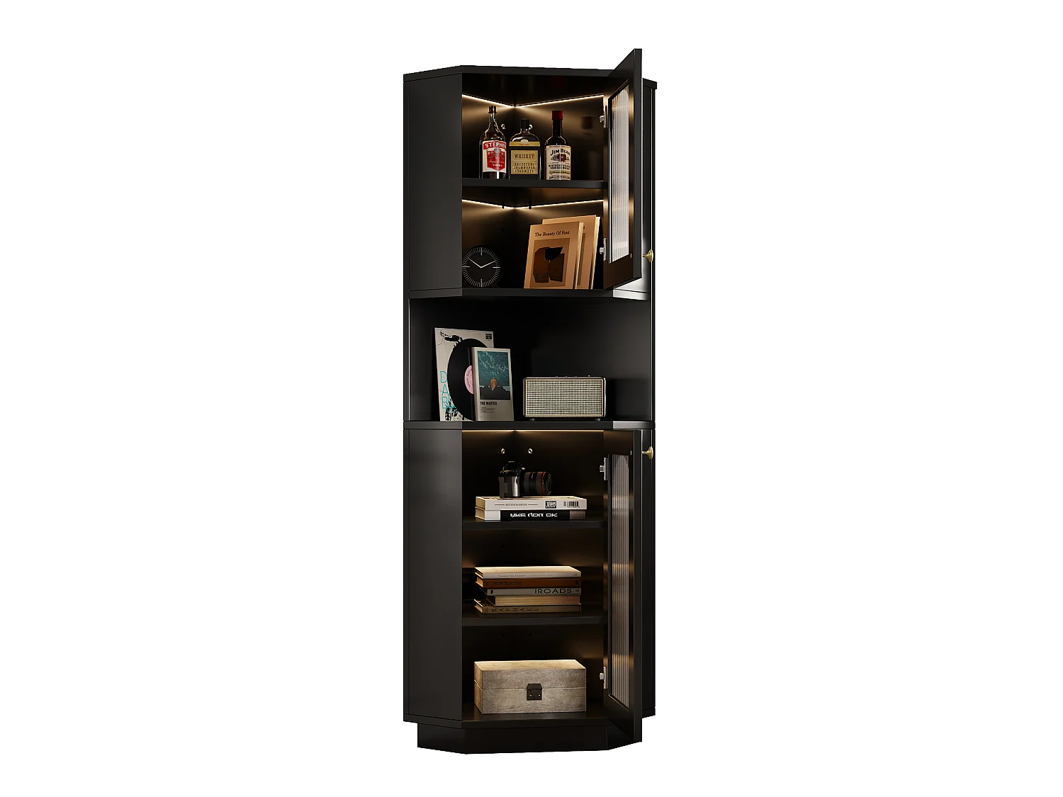 Badezimmer-Ecksäule - 2 Türen und 1 Ablagefach - 45 x 45 x 166,5 cm - LEDs - MDF - Schwarz