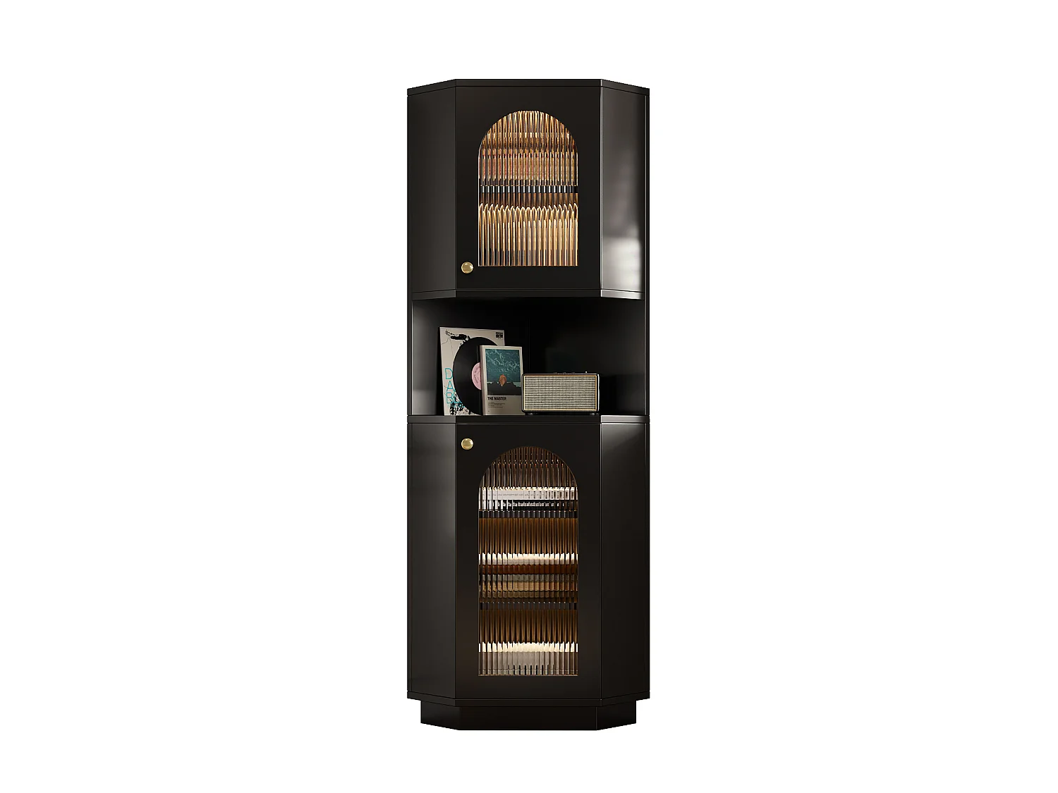 Badezimmer-Ecksäule - 2 Türen und 1 Ablagefach - 45 x 45 x 166,5 cm - LEDs - MDF - Schwarz