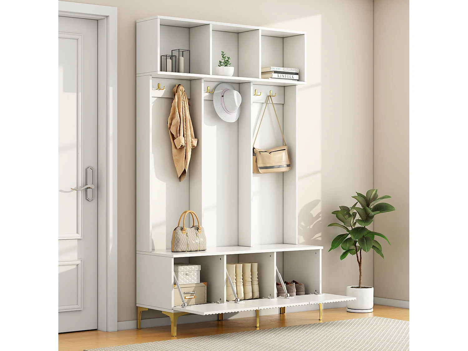 Garderobe mit Bank, 3 Türen und Garderobenständer - 120 x 23,5 x 191,5 - Spanplatte - Farbe: Weiß