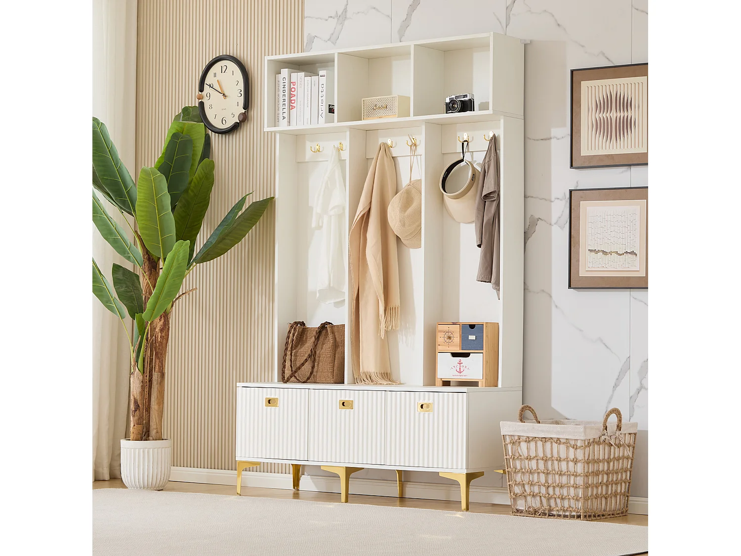 Garderobe mit Bank, 3 Türen und Garderobenständer - 120 x 23,5 x 191,5 - Spanplatte - Farbe: Weiß