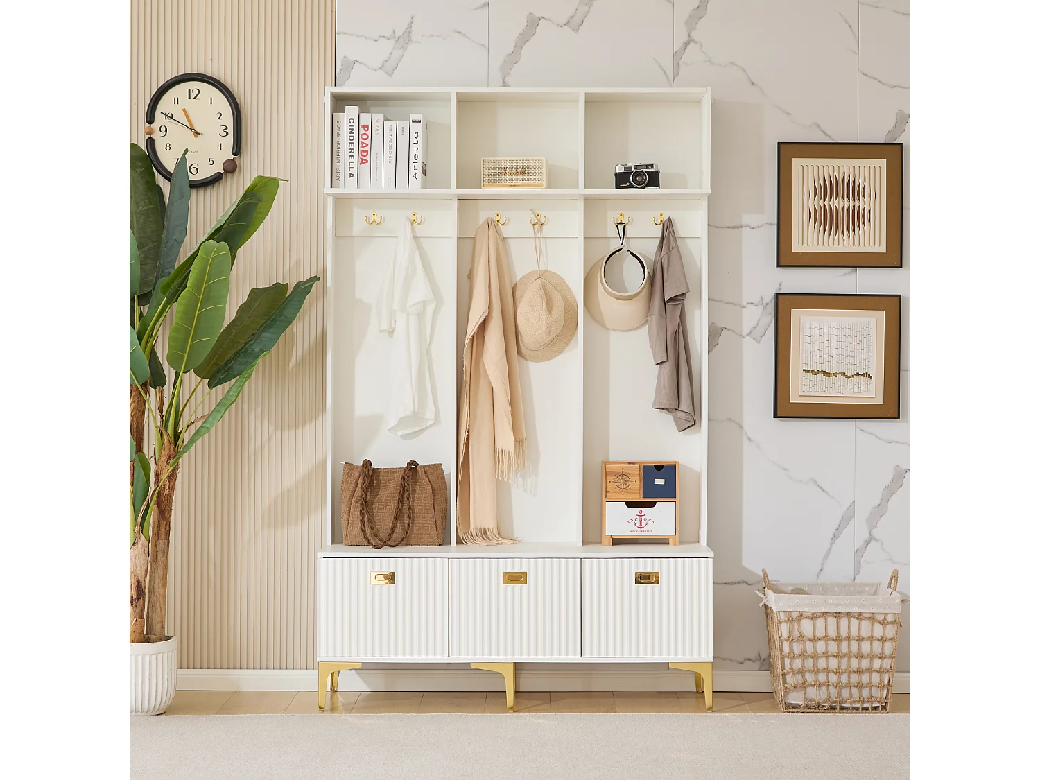 Garderobe mit Bank, 3 Türen und Garderobenständer - 120 x 23,5 x 191,5 - Spanplatte - Farbe: Weiß