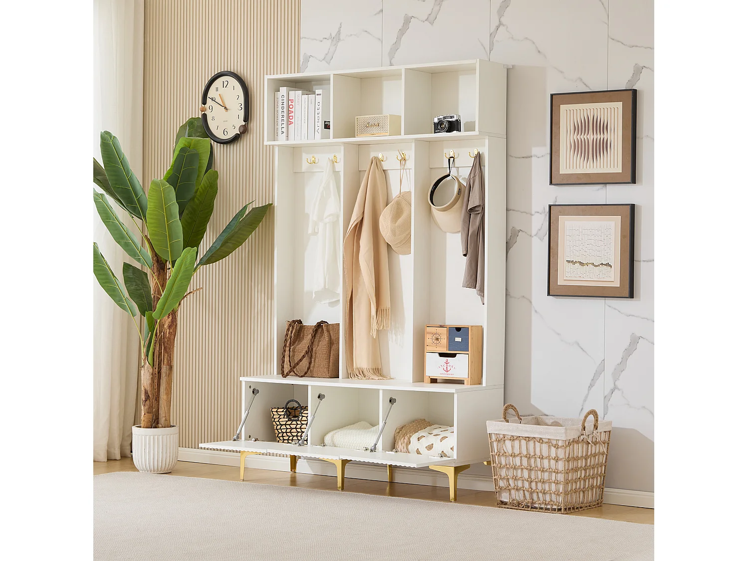 Garderobe mit Bank, 3 Türen und Garderobenständer - 120 x 23,5 x 191,5 - Spanplatte - Farbe: Weiß