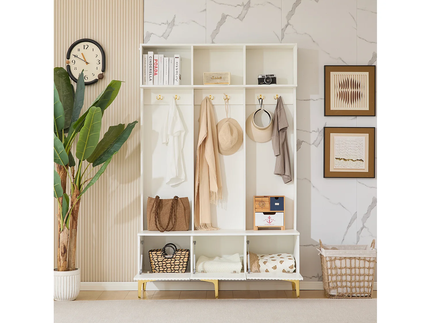 Vestiaire avec banc, 3 portes et porte-manteau - 120 x 23.5 x 191.5 - Panneau de particules - Coloris blanc