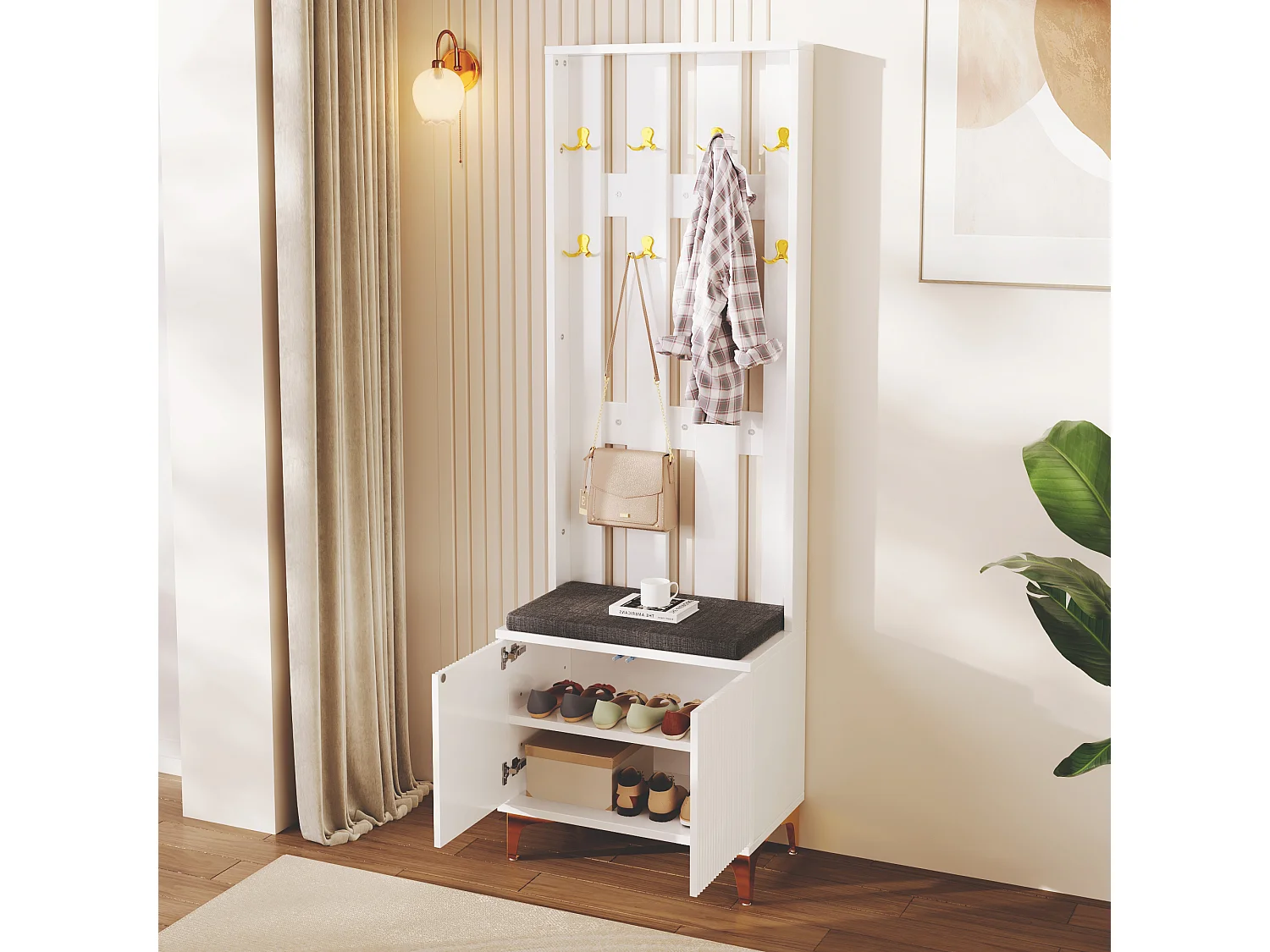 Garderoba z wieszakiem na ubrania i ławką na buty - 60,5x35,2x180,5 cm - Płyta wiórowa - Biały