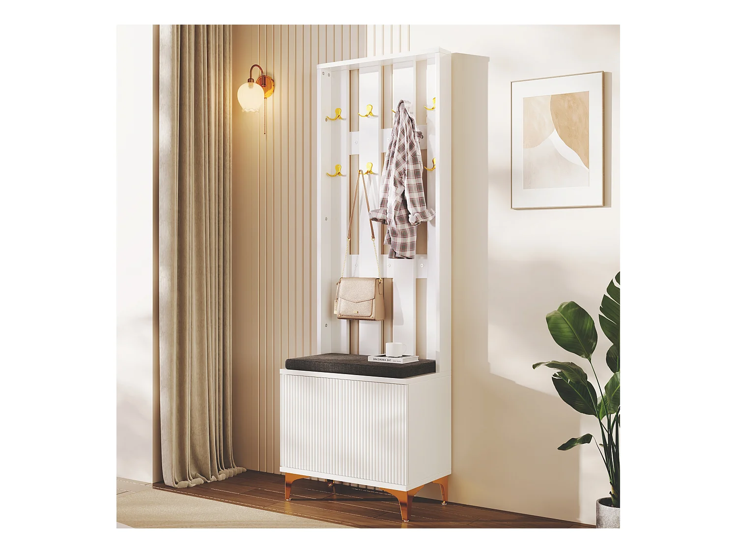 Guardarropa con perchero y banco zapatero - 60,5x35,2x180,5 cm - Tablero de partículas - Blanco