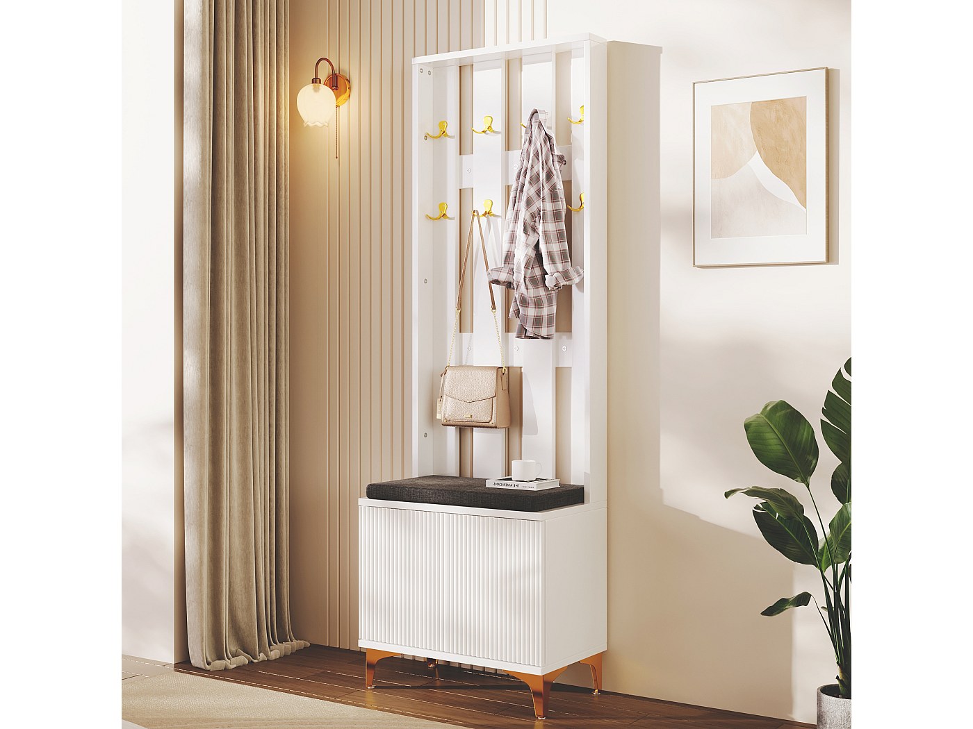 Porte-manteau Entrée 6 En 1 Avec Miroir Et Banc - 100x40x180 Cm Blanc | Rangement Chaussures Et Vêtements