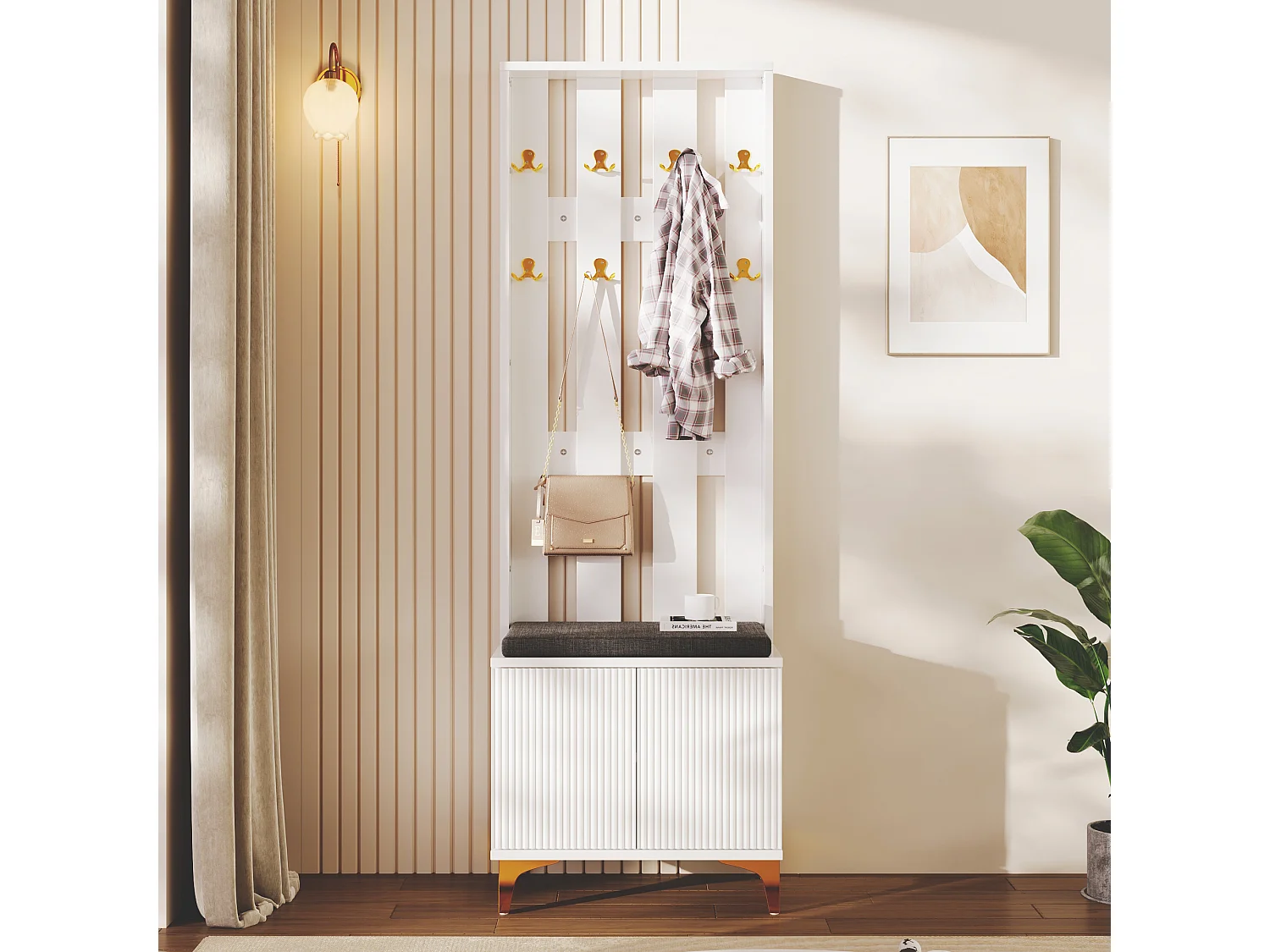 Vestiaire avec porte-manteau et un banc à chaussures - 60,5x35,2x180,5 cm - Panneau de particules - Blanc