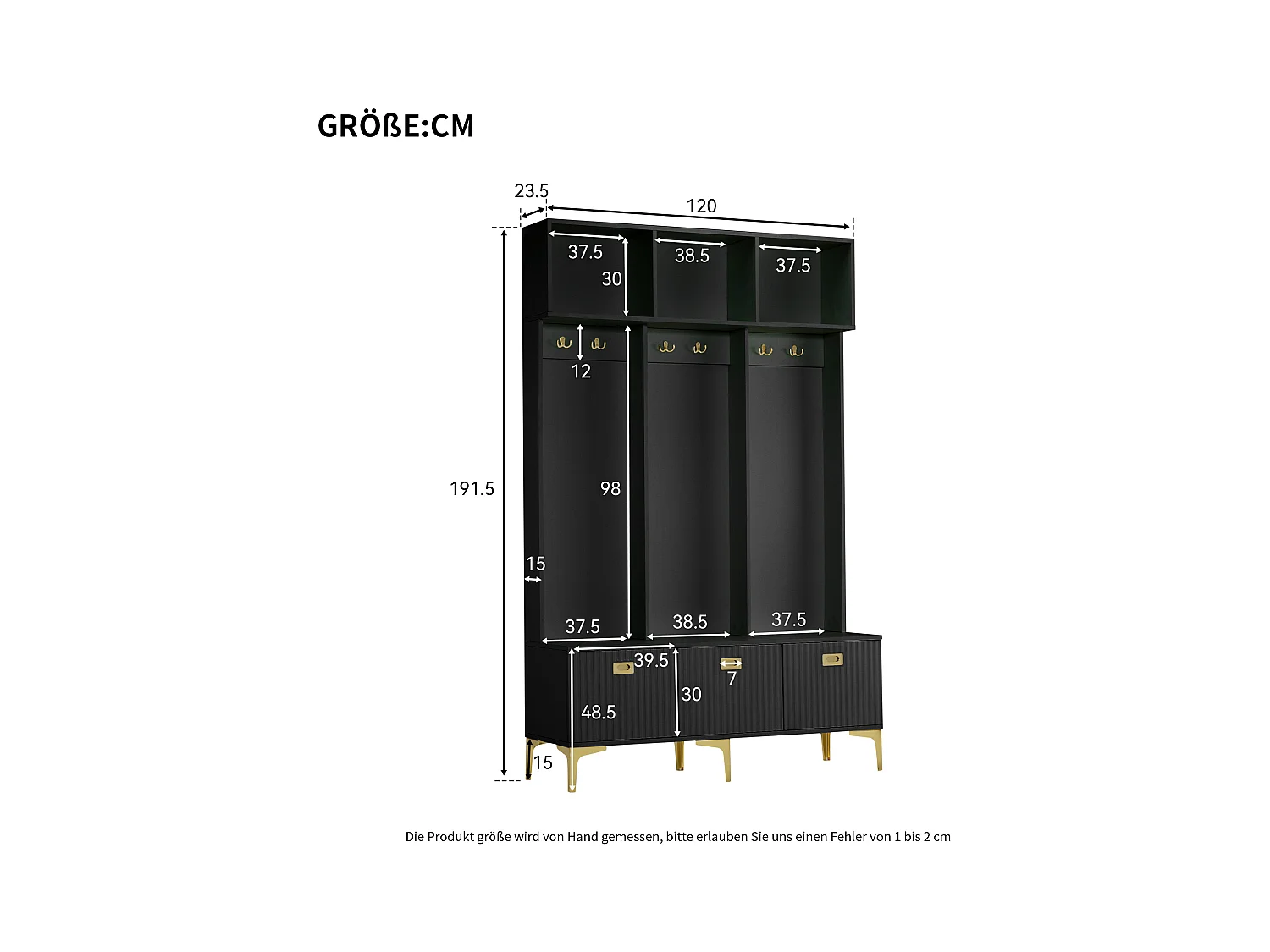 Guardarropa con banco, 3 puertas y perchero - 120 x 23,5 x 191,5 - Tablero de partículas - Color negro