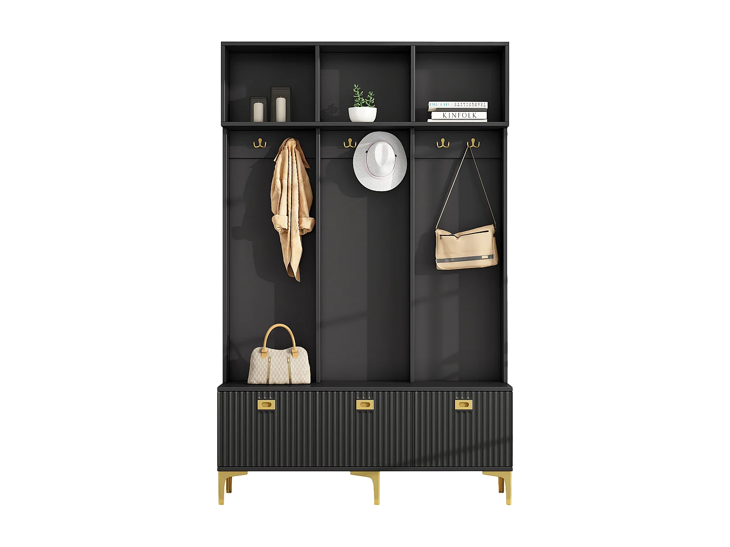 Guardarropa con banco, 3 puertas y perchero - 120 x 23,5 x 191,5 - Tablero de partículas - Color negro