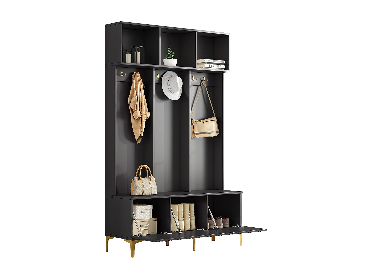 Vestiaire avec banc, 3 portes et porte-manteau - 120 x 23.5 x 191.5 - Panneau de particules - Coloris noir