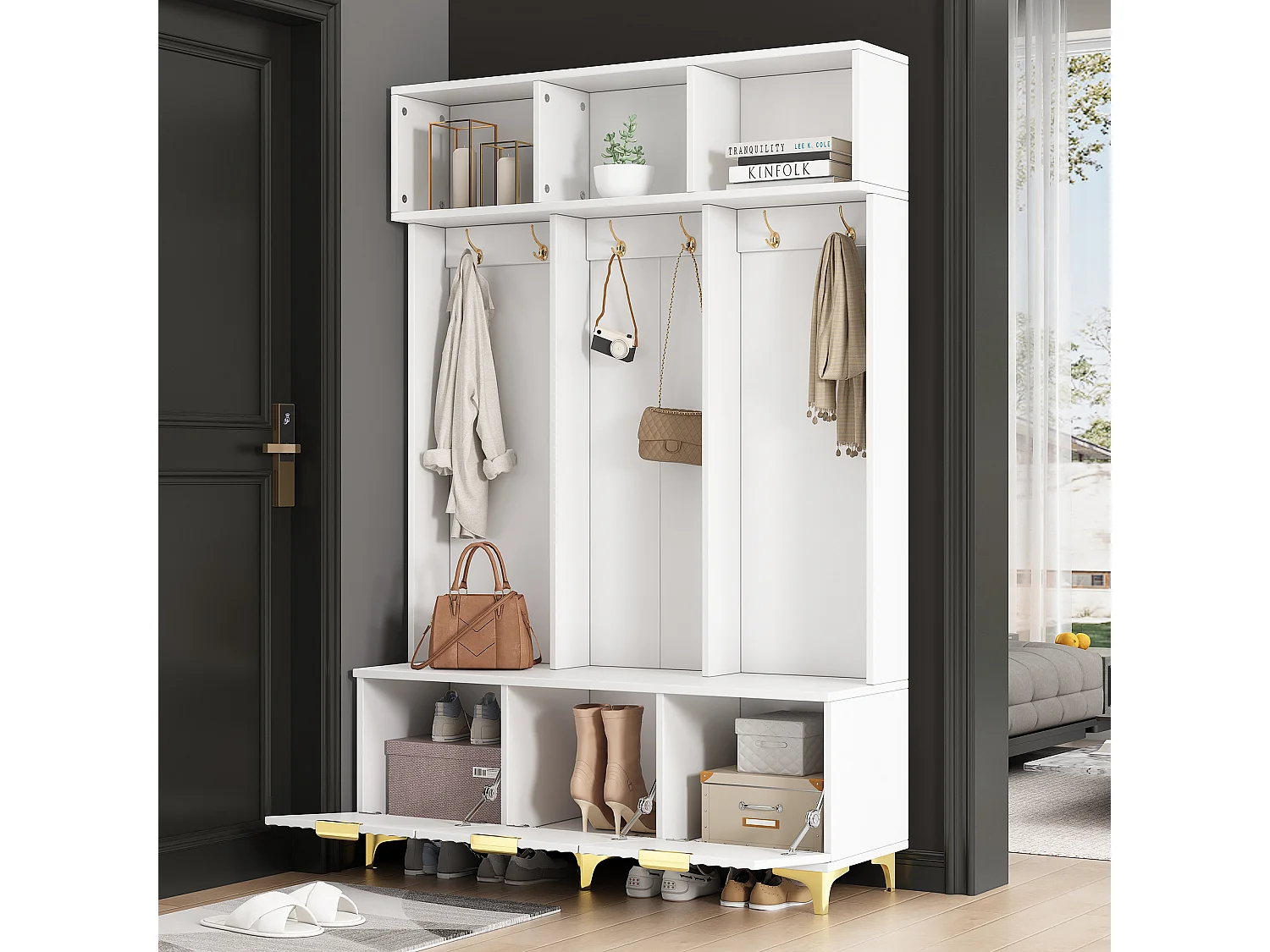 Lockerkast met 3 deuren en 3 nissen - 126 x 40 x 191,5 cm - Spaanplaat en metalen poten - Wit