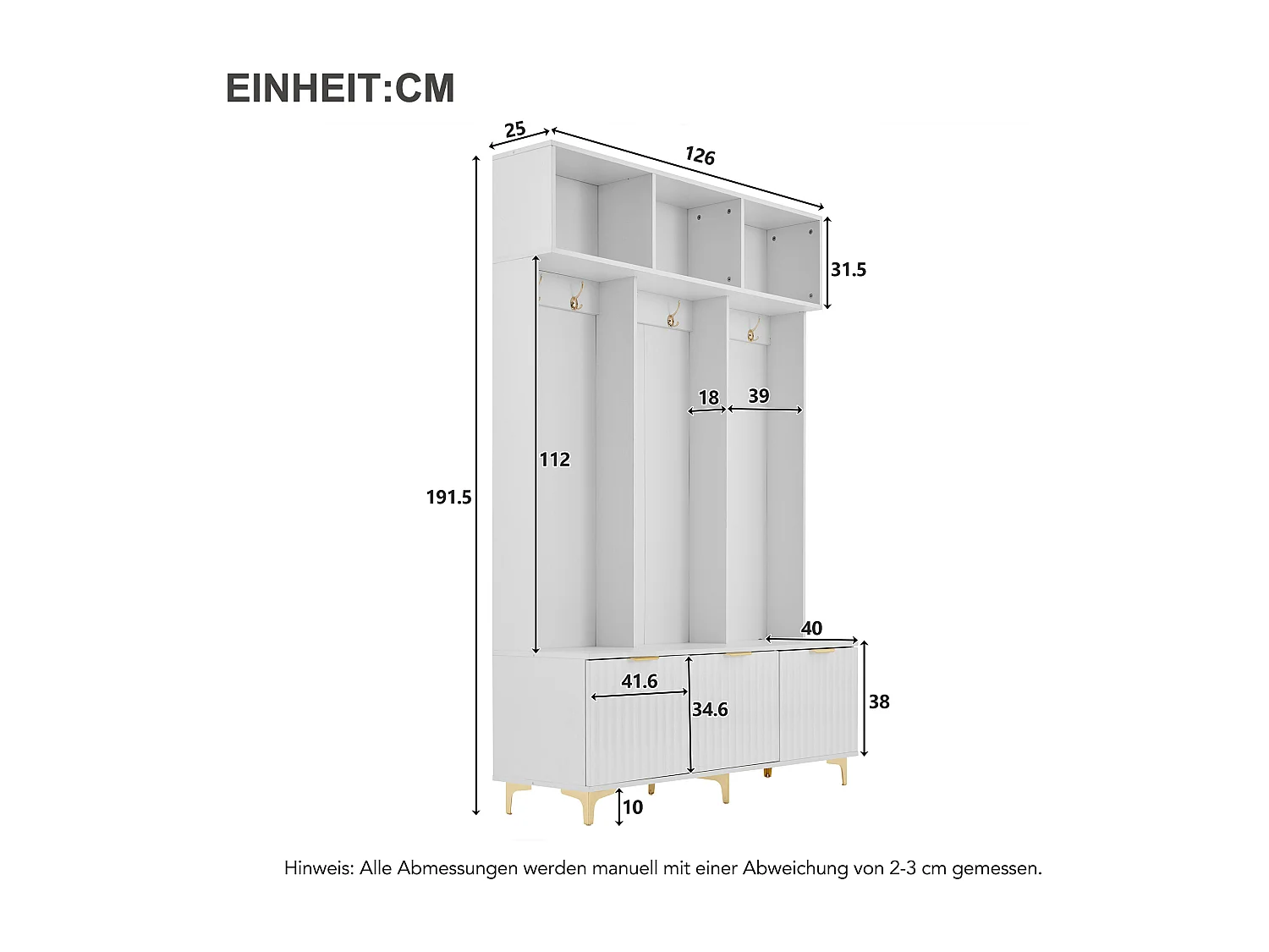 Lockerkast met 3 deuren en 3 nissen - 126 x 40 x 191,5 cm - Spaanplaat en metalen poten - Wit