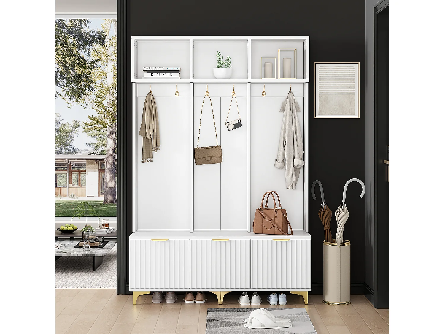Lockerkast met 3 deuren en 3 nissen - 126 x 40 x 191,5 cm - Spaanplaat en metalen poten - Wit