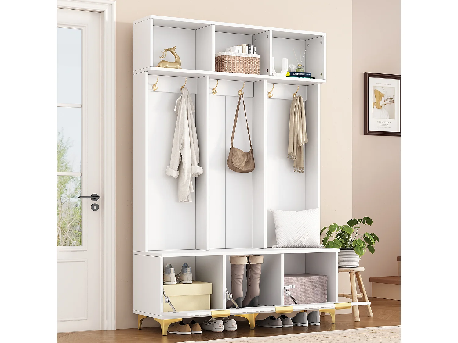 Lockerkast met 3 deuren en 3 nissen - 126 x 40 x 191,5 cm - Spaanplaat en metalen poten - Wit