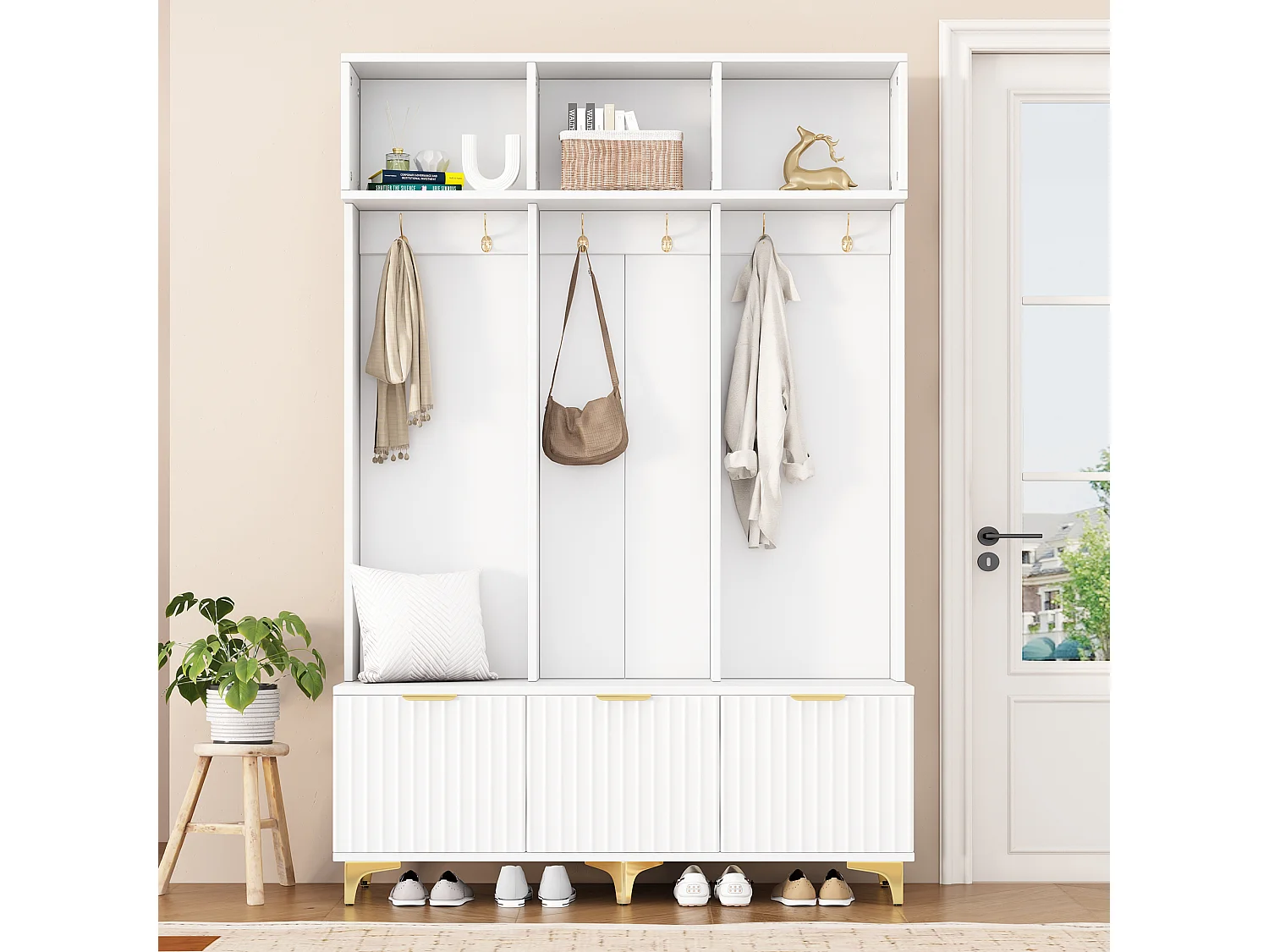 Lockerkast met 3 deuren en 3 nissen - 126 x 40 x 191,5 cm - Spaanplaat en metalen poten - Wit