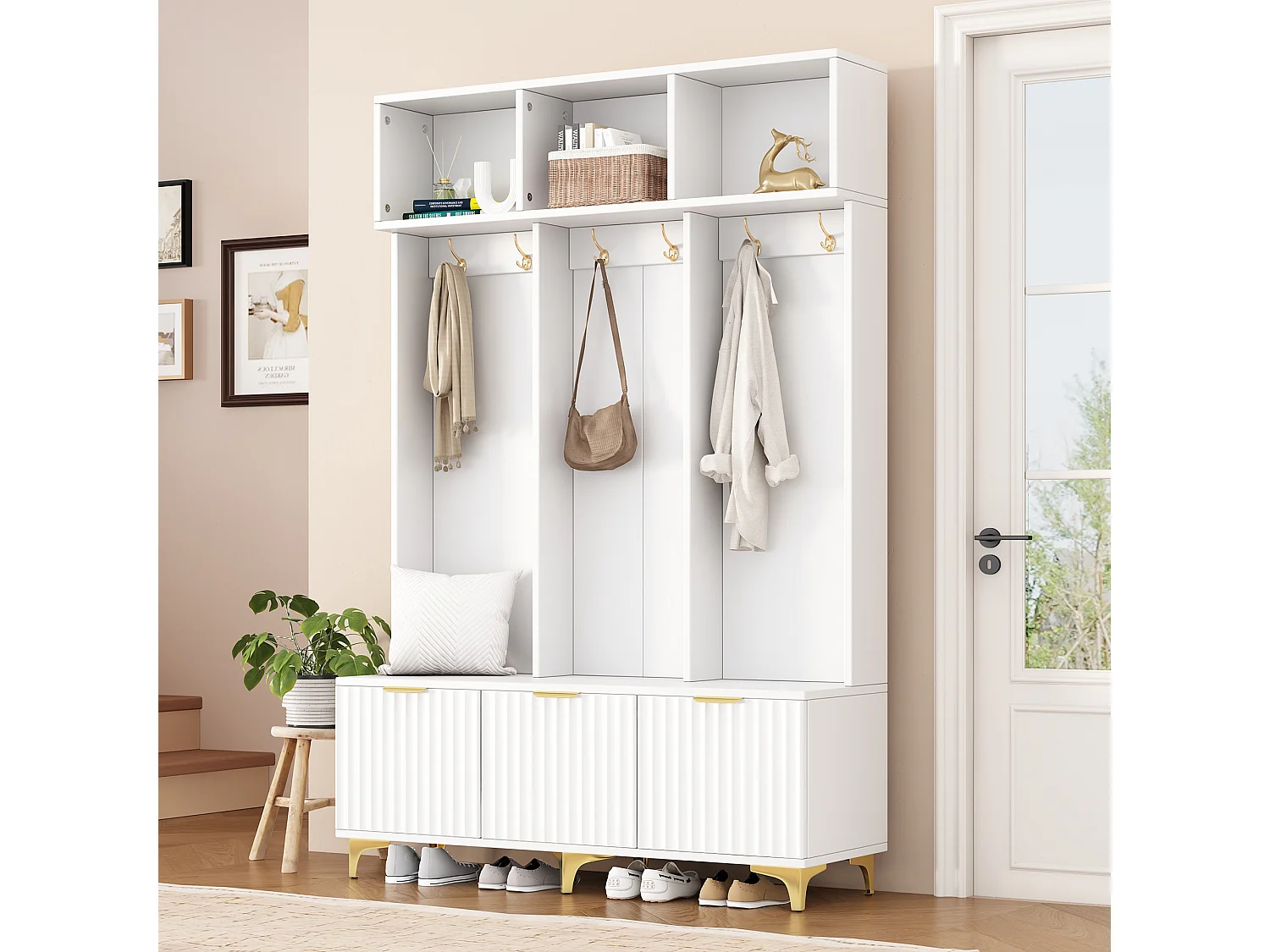 Lockerkast met 3 deuren en 3 nissen - 126 x 40 x 191,5 cm - Spaanplaat en metalen poten - Wit